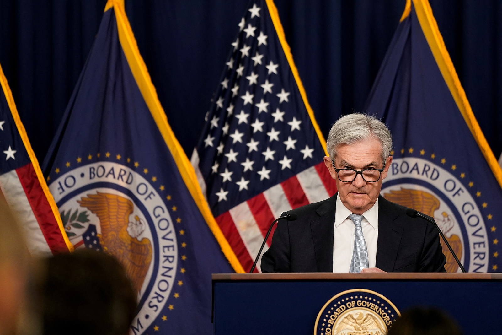 Jerome Powell during a news conference following a closed two-day meeting of the Federal Open Market Committee on interest rate policy in Washington on November 2.