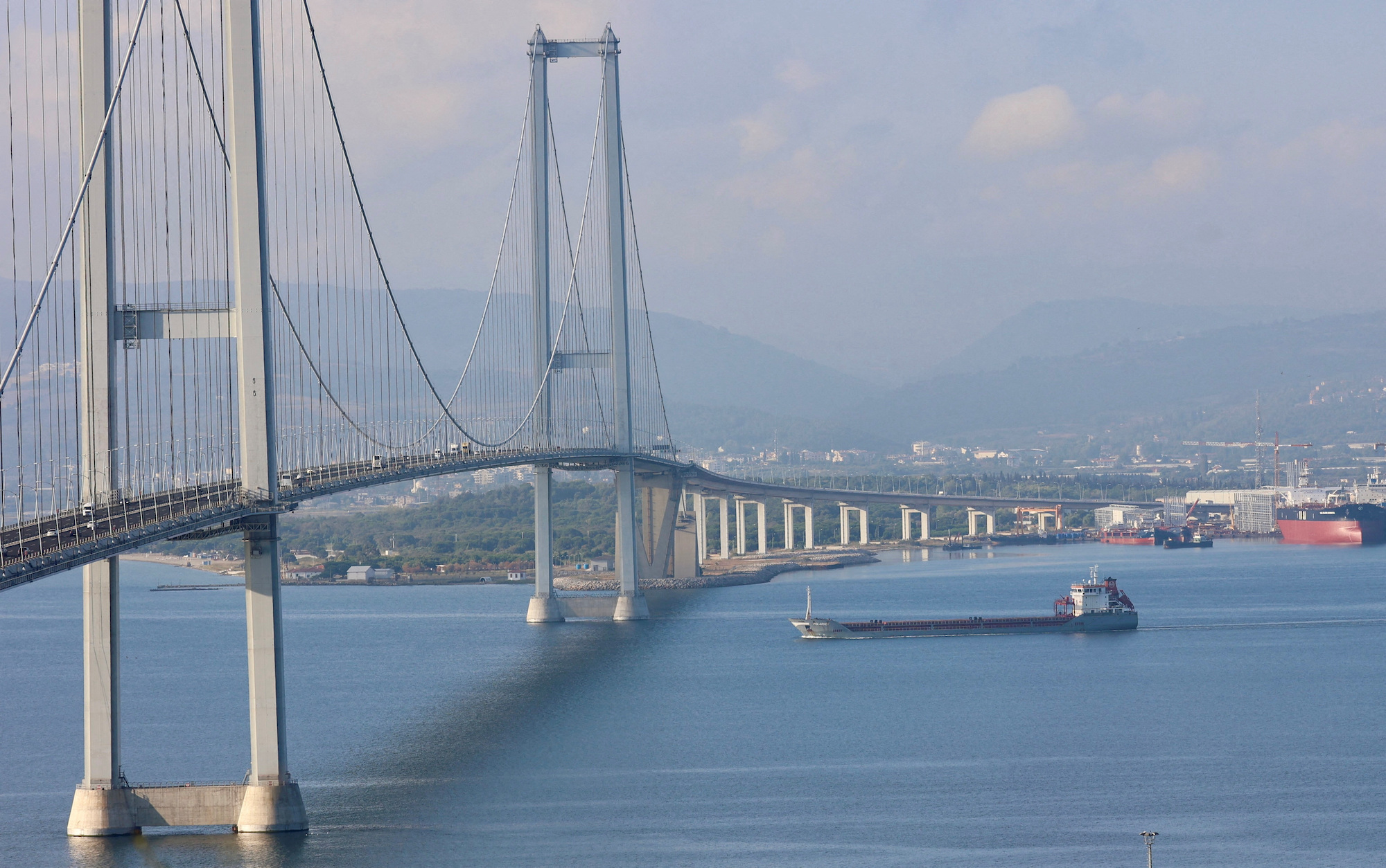 A Turkish-flagged cargo ship carries Ukrainian grain enters the Gulf of Izmit, Turkey on August 8.