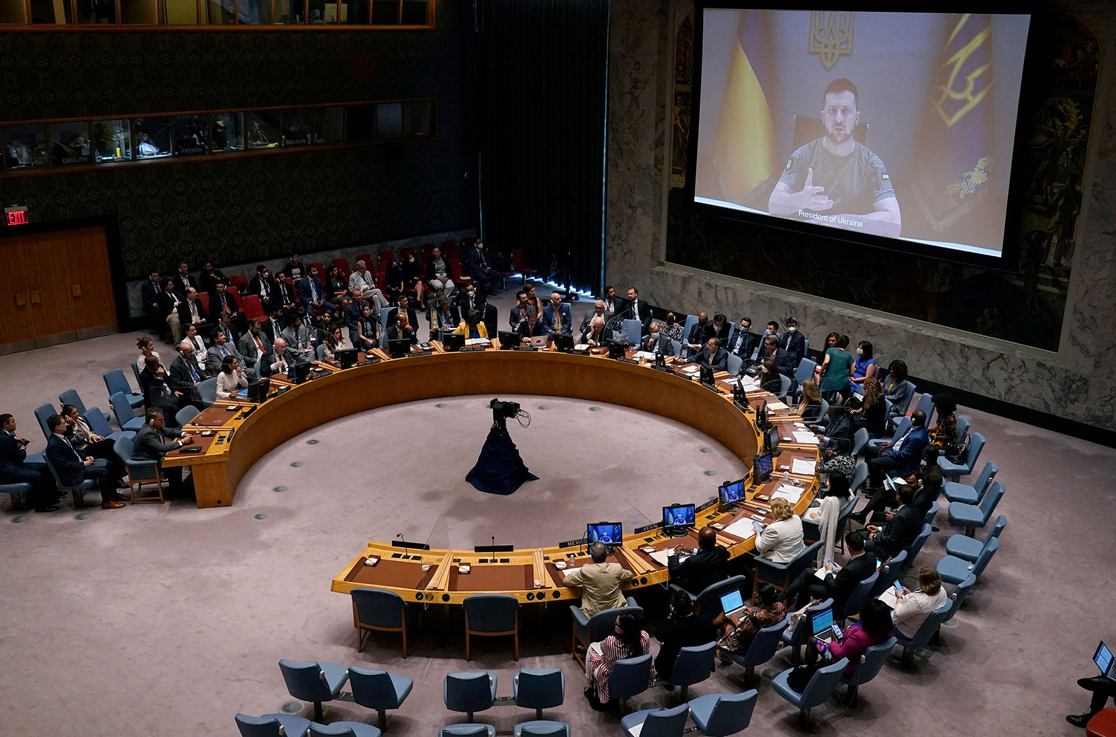 Ukrainian President Volodymyr Zelensky appears on screen during the UN Security Council meeting on August 24 at UN headquarters in New York. 