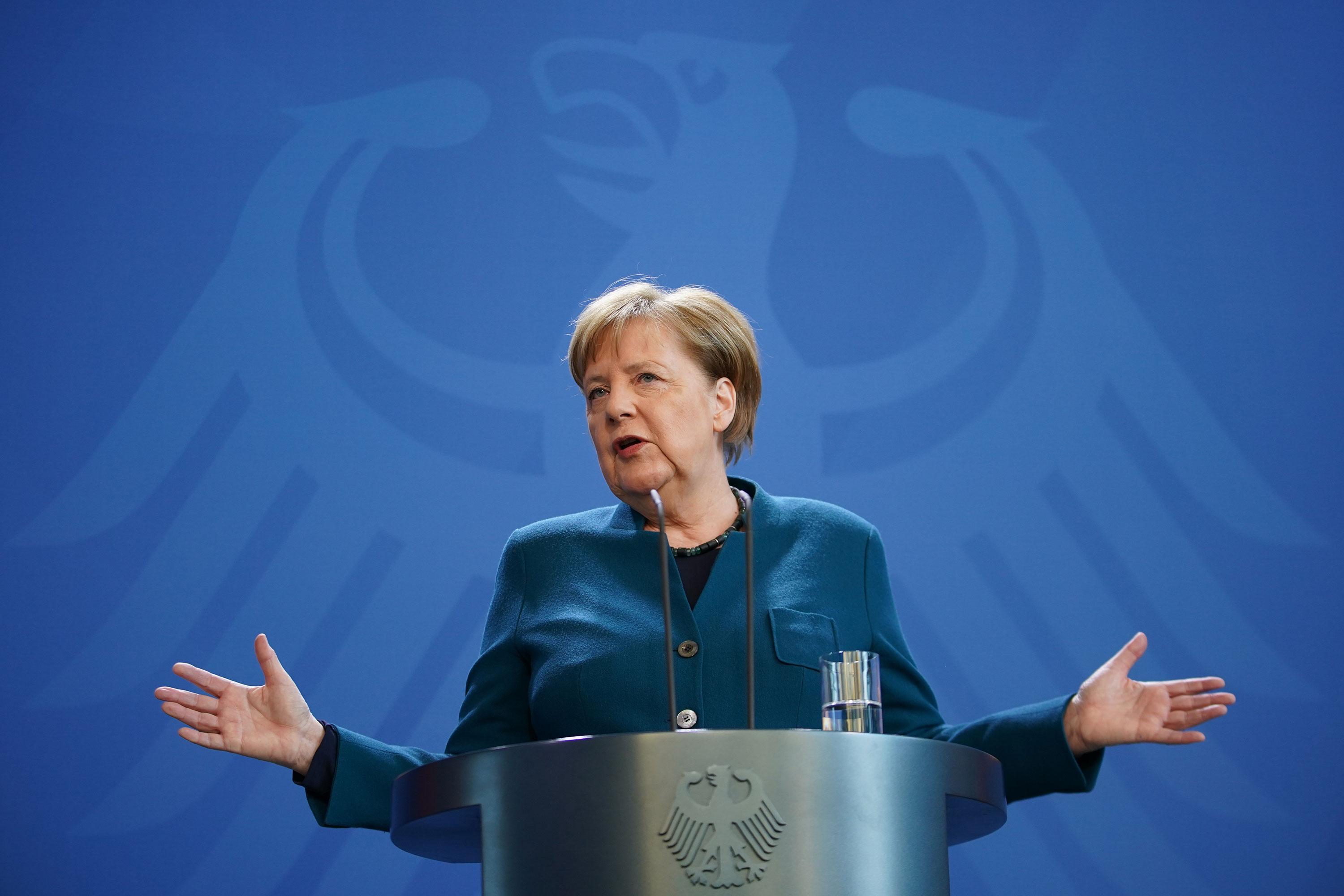 German Chancellor Angela Merkel speaks to the media on March 22.