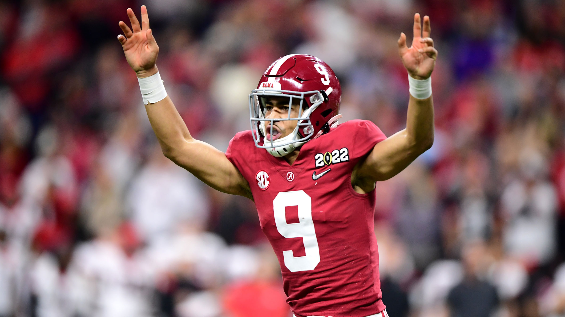 Quarterback Bryce Young reacts after throwing a touchdown pass in the fourth quarter to give Alabama the lead.