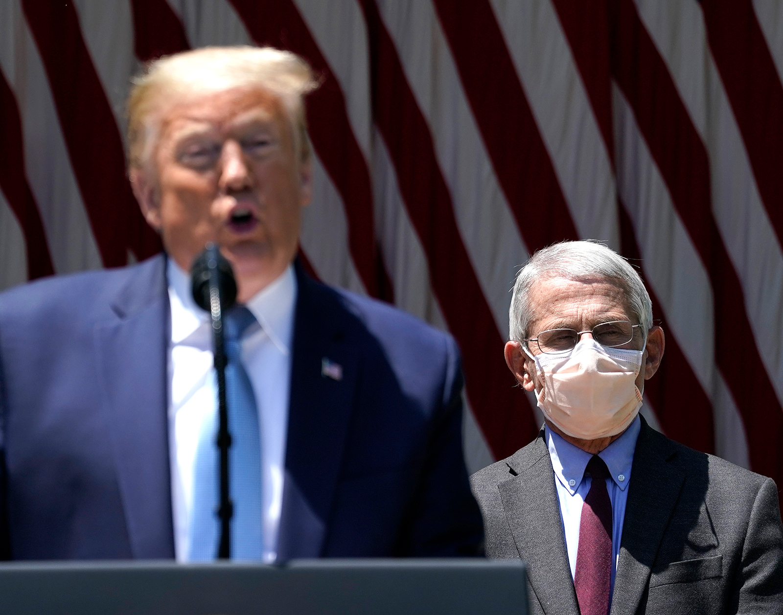 Dr. Anthony Fauci, director of the National Institute of Allergy and Infectious Diseases, stands behind President Donald Trump in the Rose Garden of the White House in Washington, on May 15.