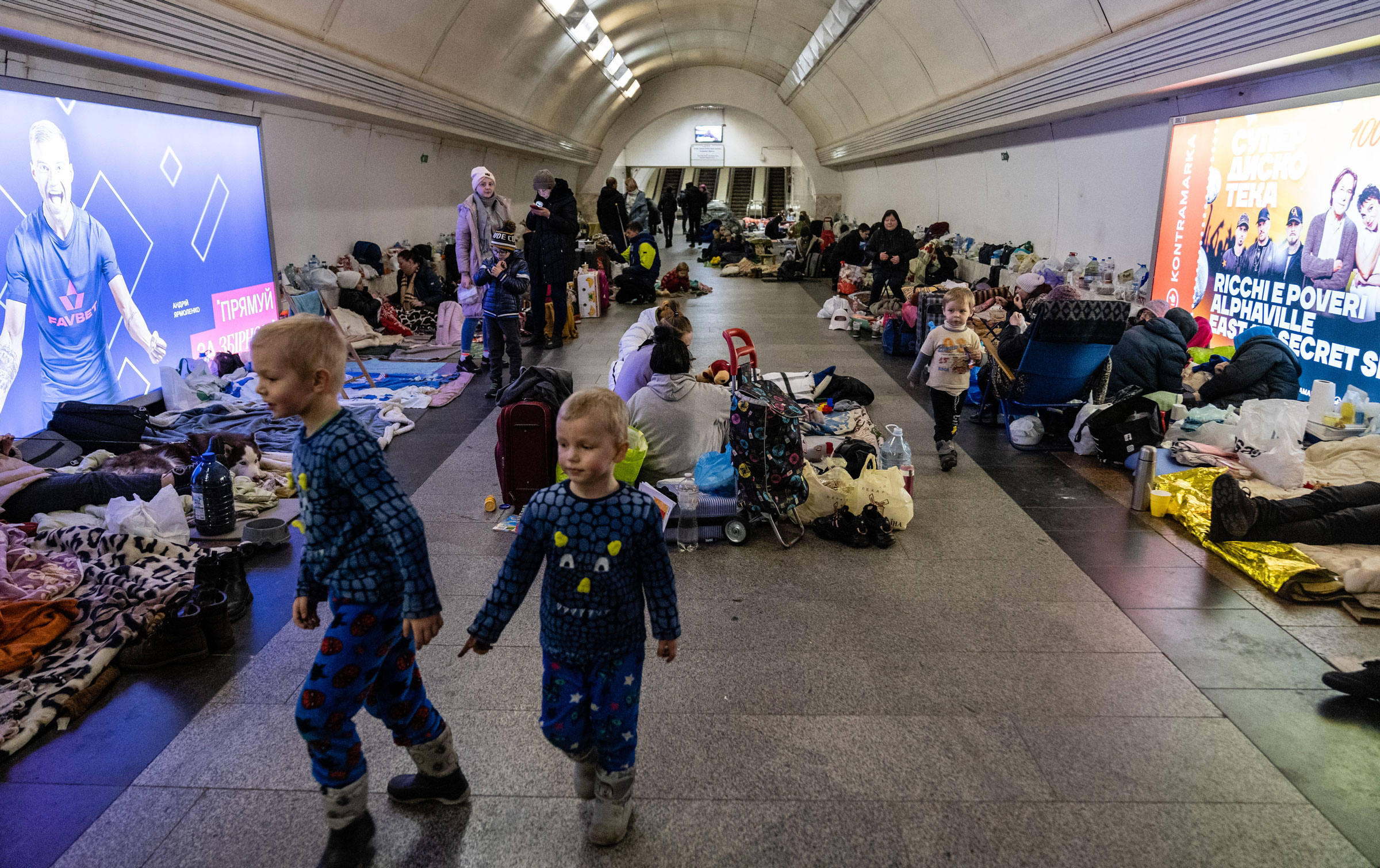 People take shelter in a Kyiv subway station on Wednesday.