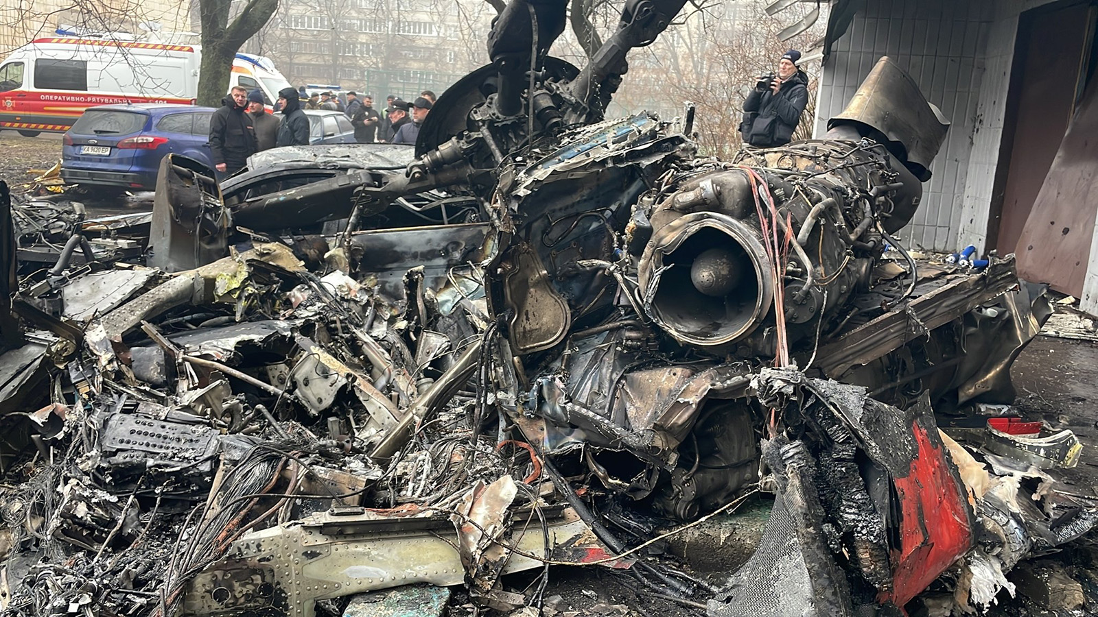 Debris from the helicopter crash in Brovary, Ukraine, on January 18.
