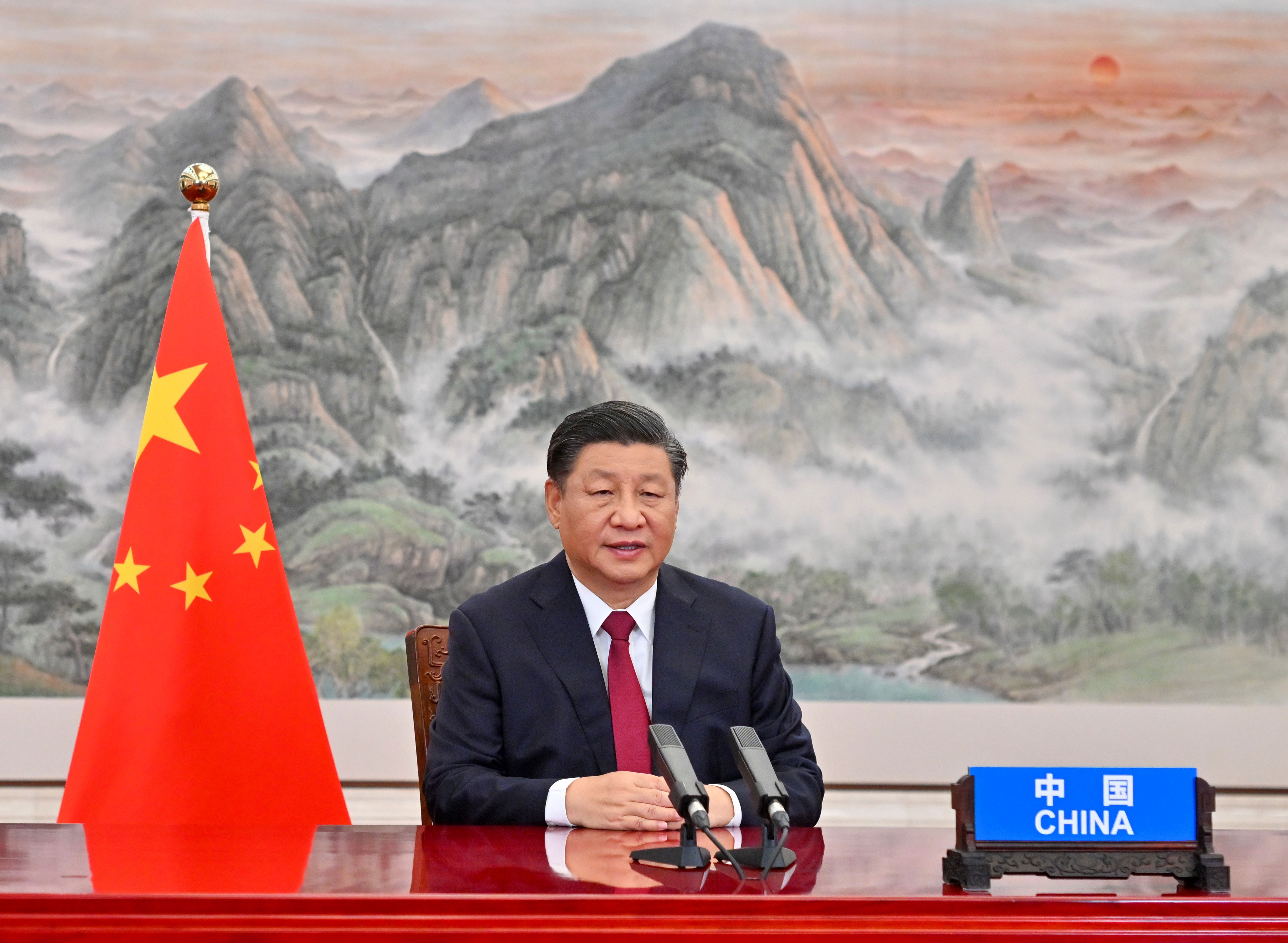 Chinese President Xi Jinping addresses a session of the G20 summit via video in Beijing on October 30.