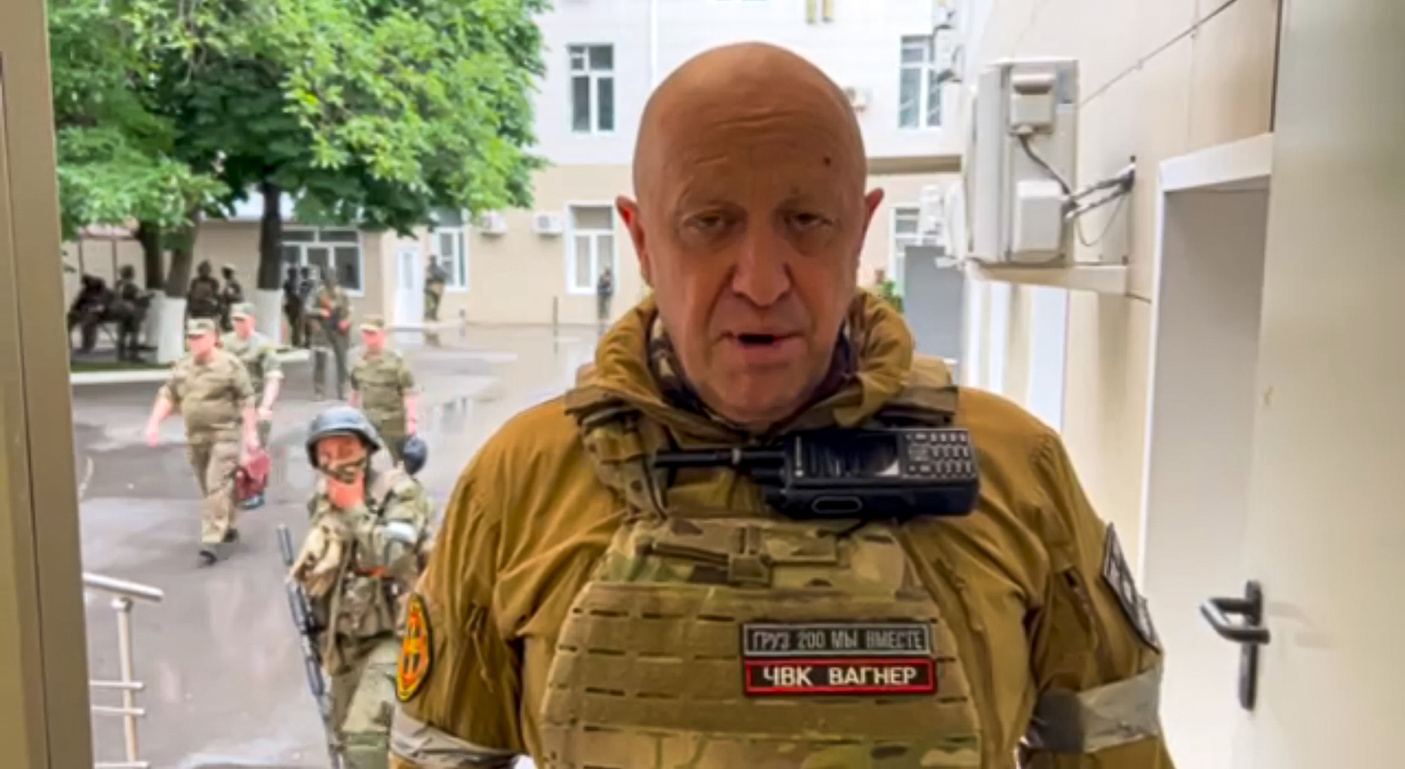 In this handout photo taken from video Yevgeny Prigozhin, the owner of the Wagner Group military company, records his video addresses in Rostov-on-Don, Russia, on June 24.