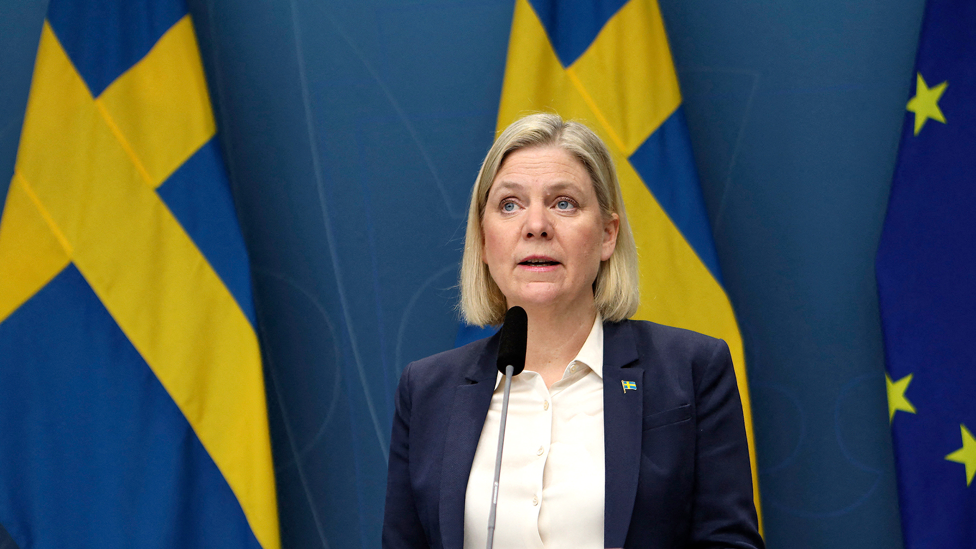 Swedish Prime Minister Magdalena Andersson conducts a press conference in Stockholm, Sweden, on February 27.