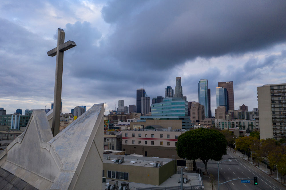 A church cross is seen in downtown Los Angeles on April 18.