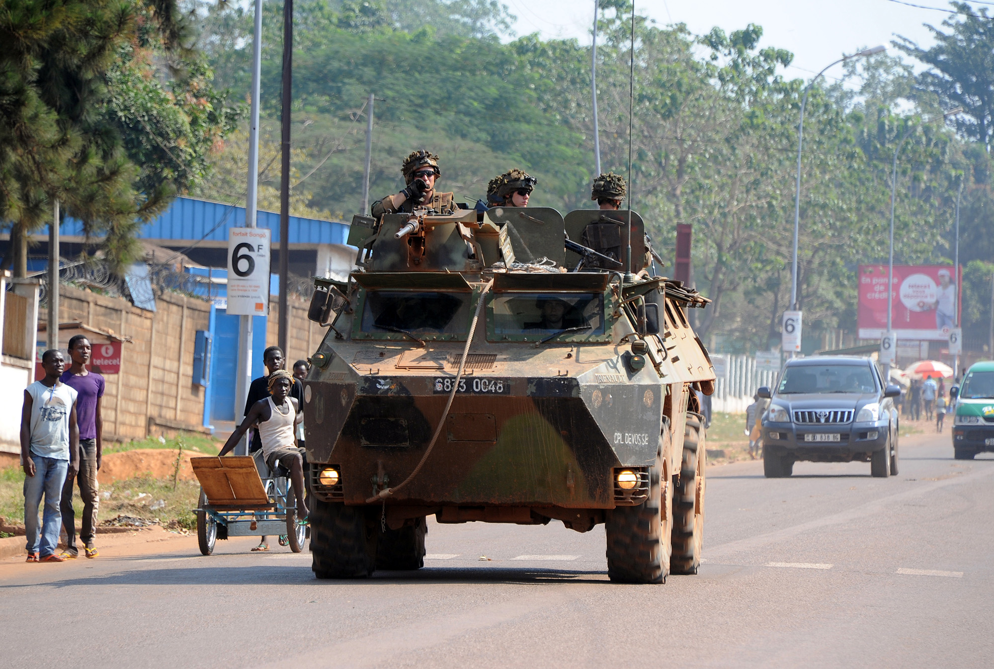French soldiers patrol in an armored personnel carrier (VAB) in Bangui, Central African Republic, on December 1, 2013.