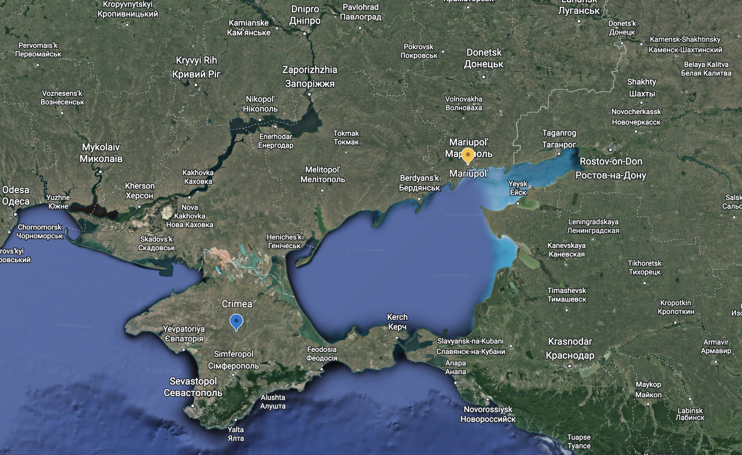 A map showing Crimea and Mariupol in the Donetsk Oblast region of Ukraine.