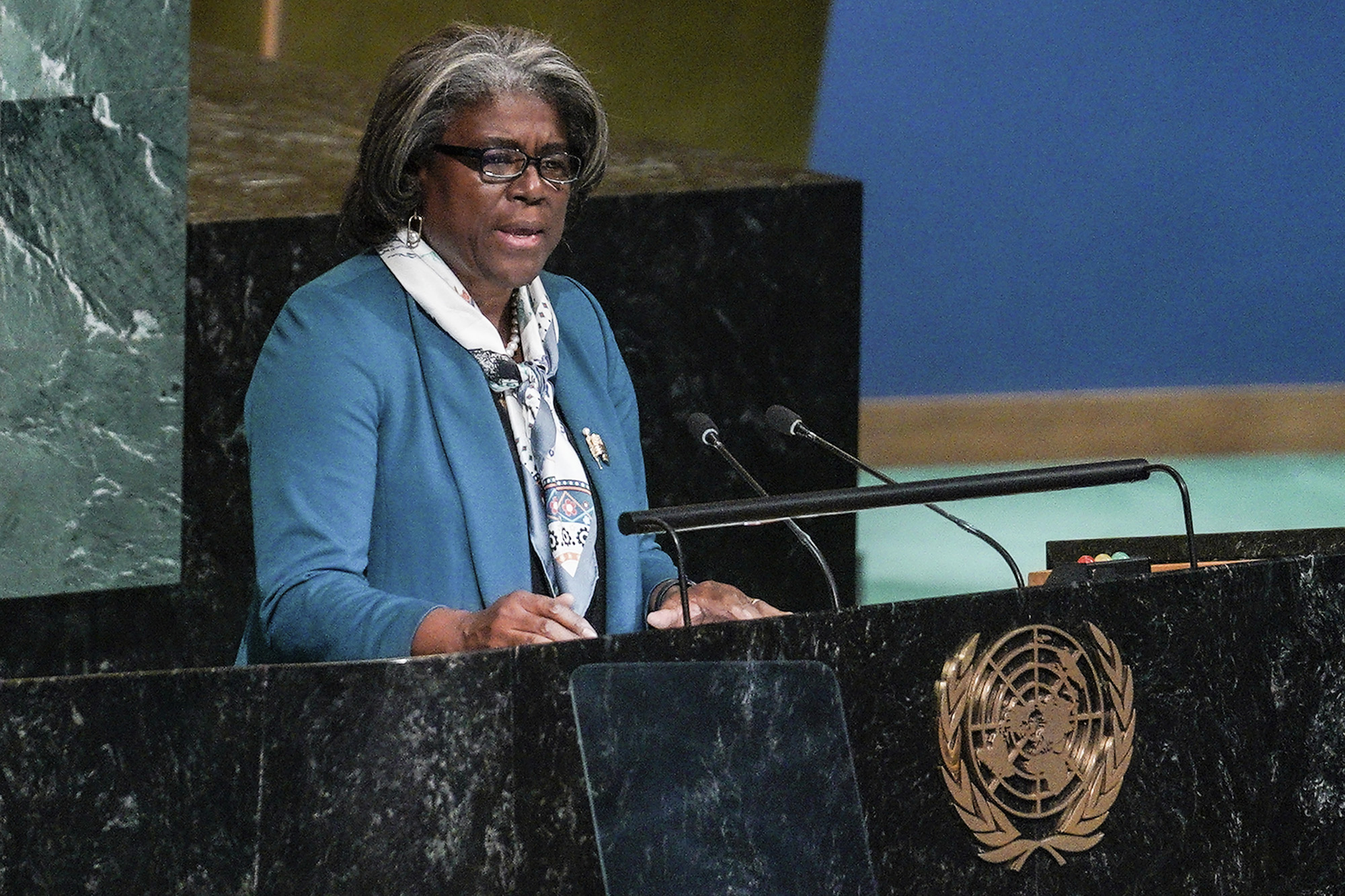 US Ambassador to the United Nations Linda Thomas-Greenfield address the UN General Assembly, before it voted on a resolution condemning Russia's illegal referendum in Ukraine at UN headquarters on Wednesday Oct. 12.