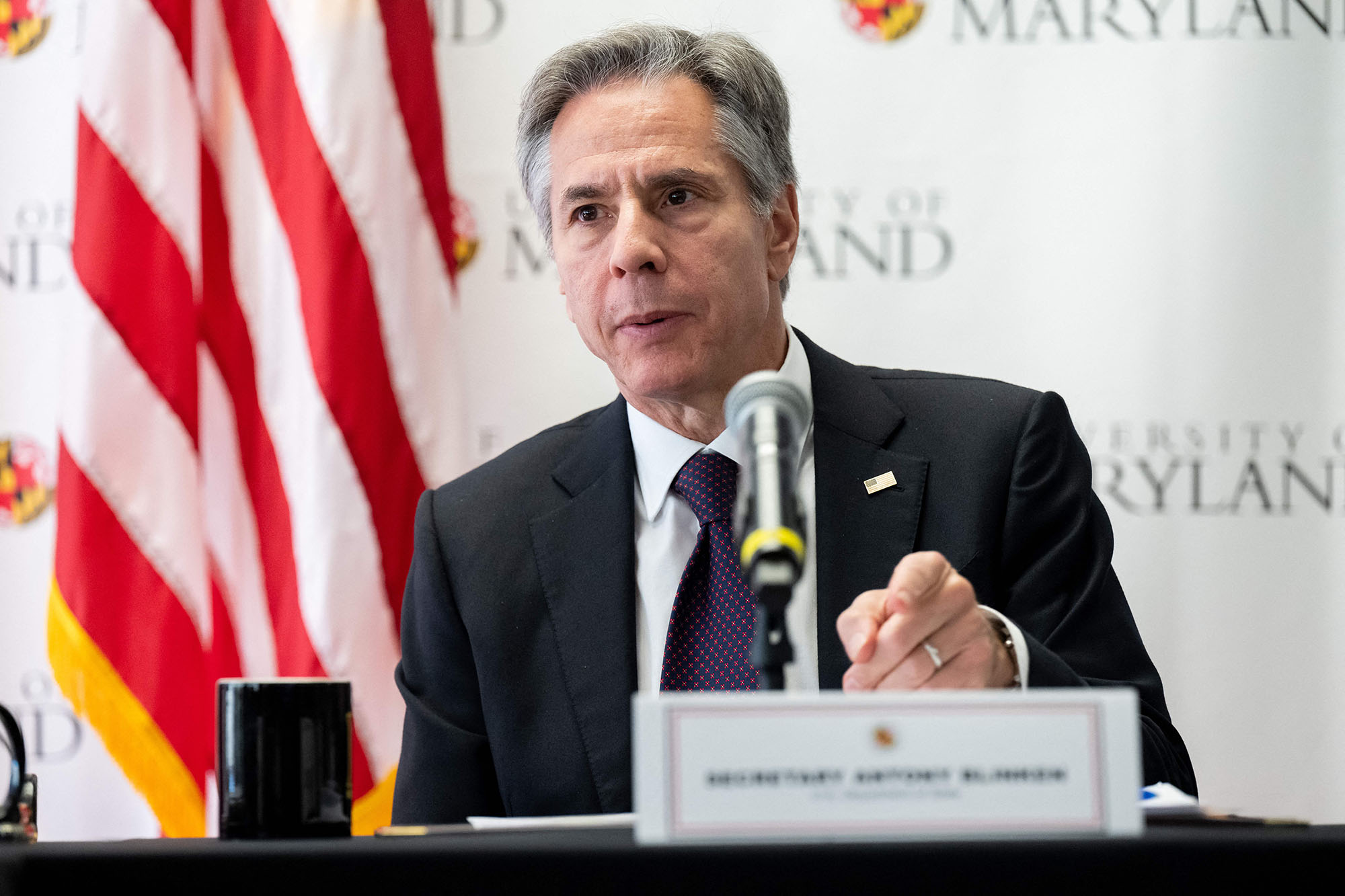 US Secretary of State Antony Blinken speaks during a US - EU Stakeholder Dialogue during the Trade and Technology Council (TTC) Ministerial Meeting at the University of Maryland on December 5.