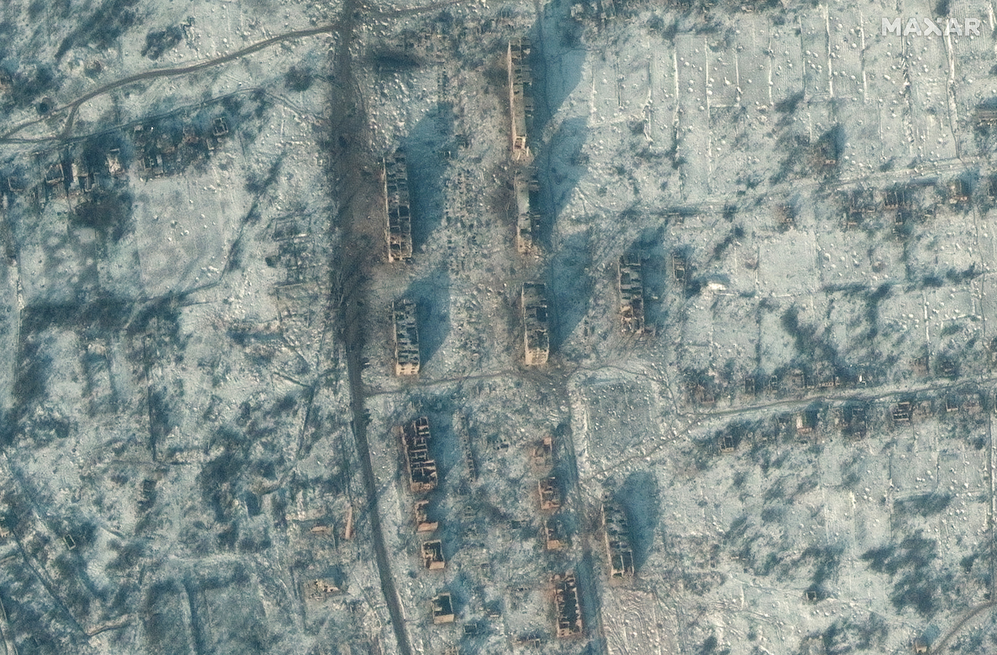 A satellite view shows destroyed apartment buildings and homes, in Soledar, Ukraine, on January 10, 2023.