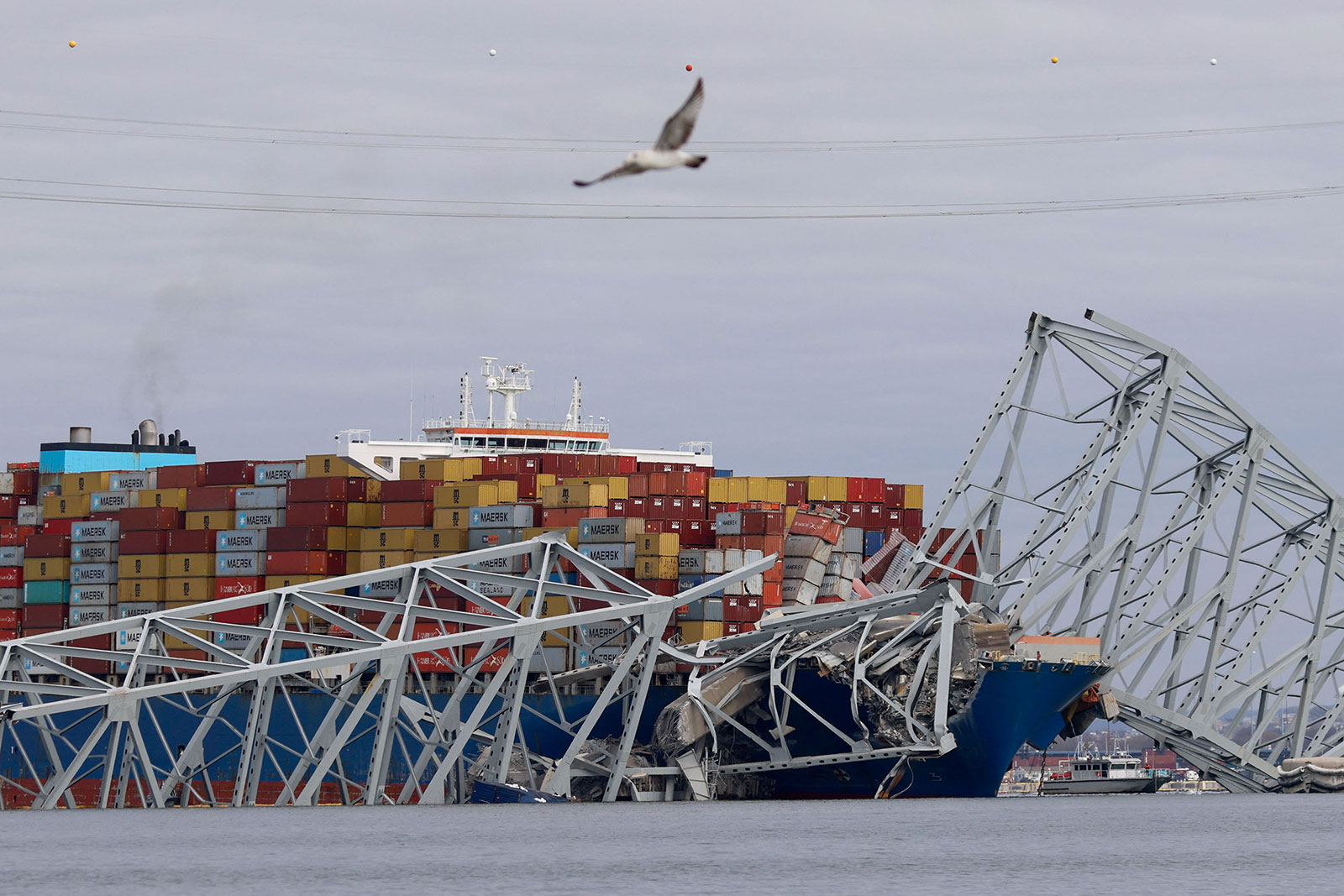 The Dali cargo ship is seen after crashing into the Francis Scott Key Bridge causing it to collapse in Baltimore, Maryland, on Tuesday. 