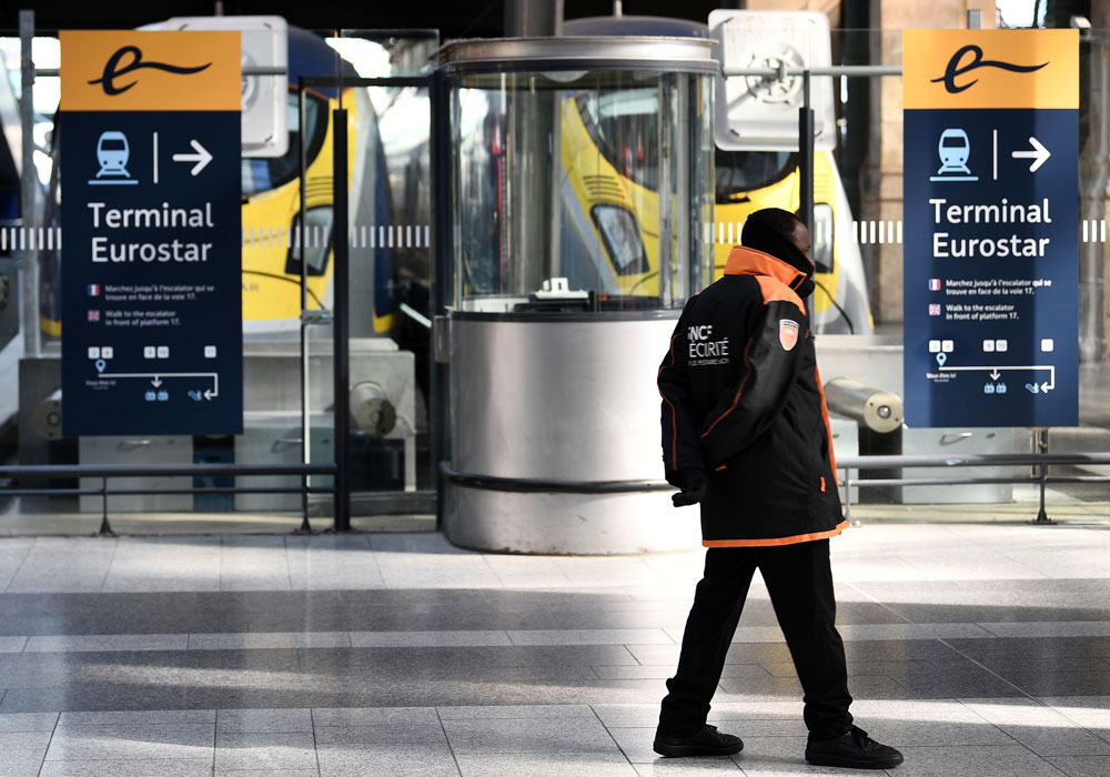 A security member stands near the Eurostar terminal at Gare du Nord in Paris on April 1. 