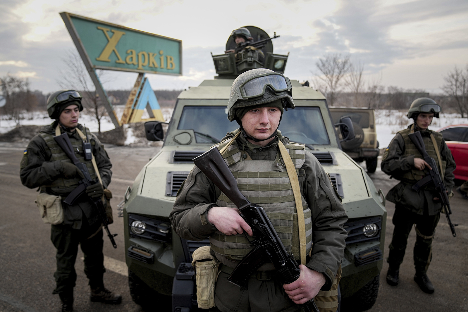 Members of the Ukrainian National Guard man a checkpoint with Ukrainian Security Service agents and police officers during a joint operation in Kharkiv, Ukraine, on February 17. 
