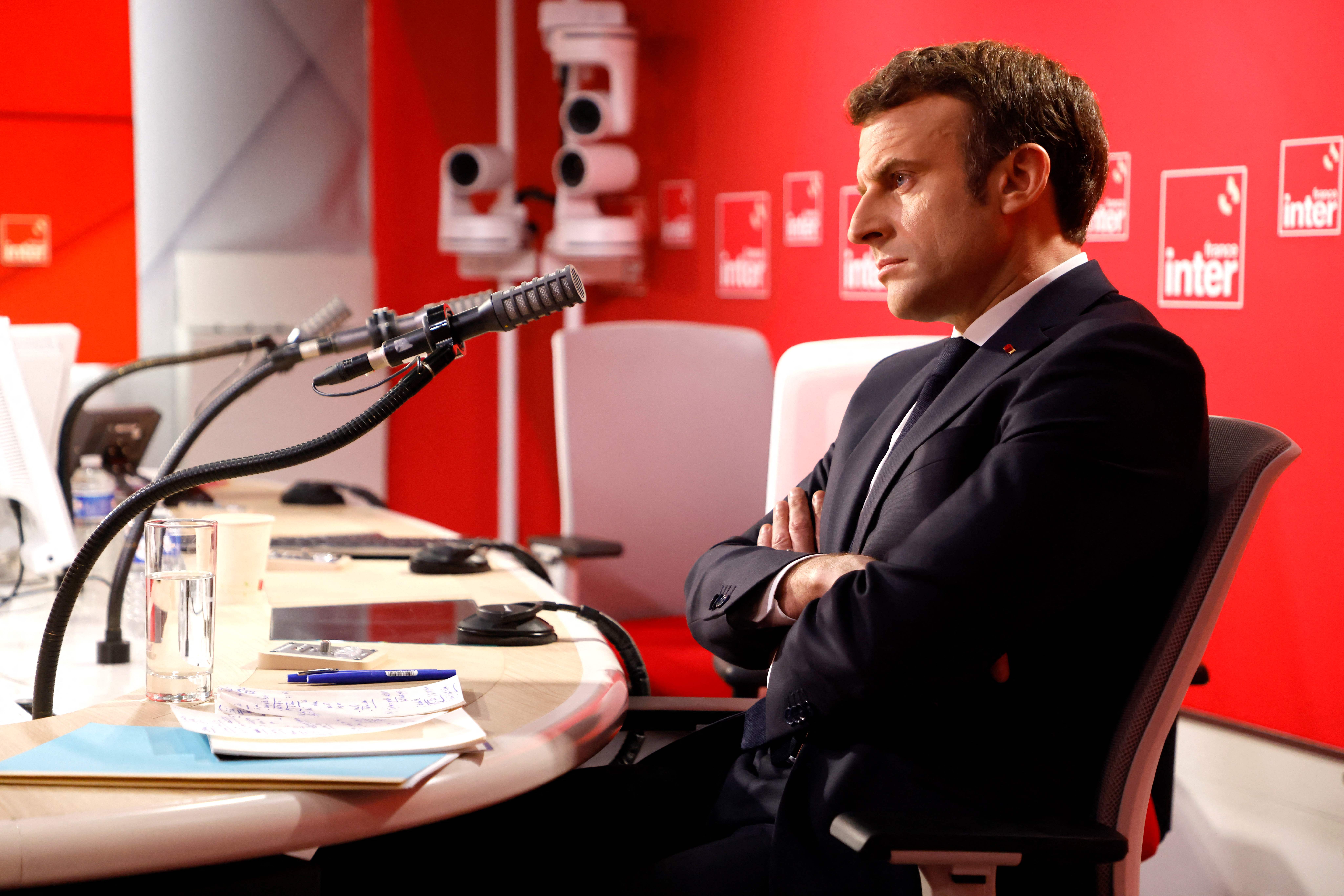 French President Emmanuel Macron attends the France Inter 7/9 radio broadcast at the Maison de la Radio in Paris, France, on April 4.