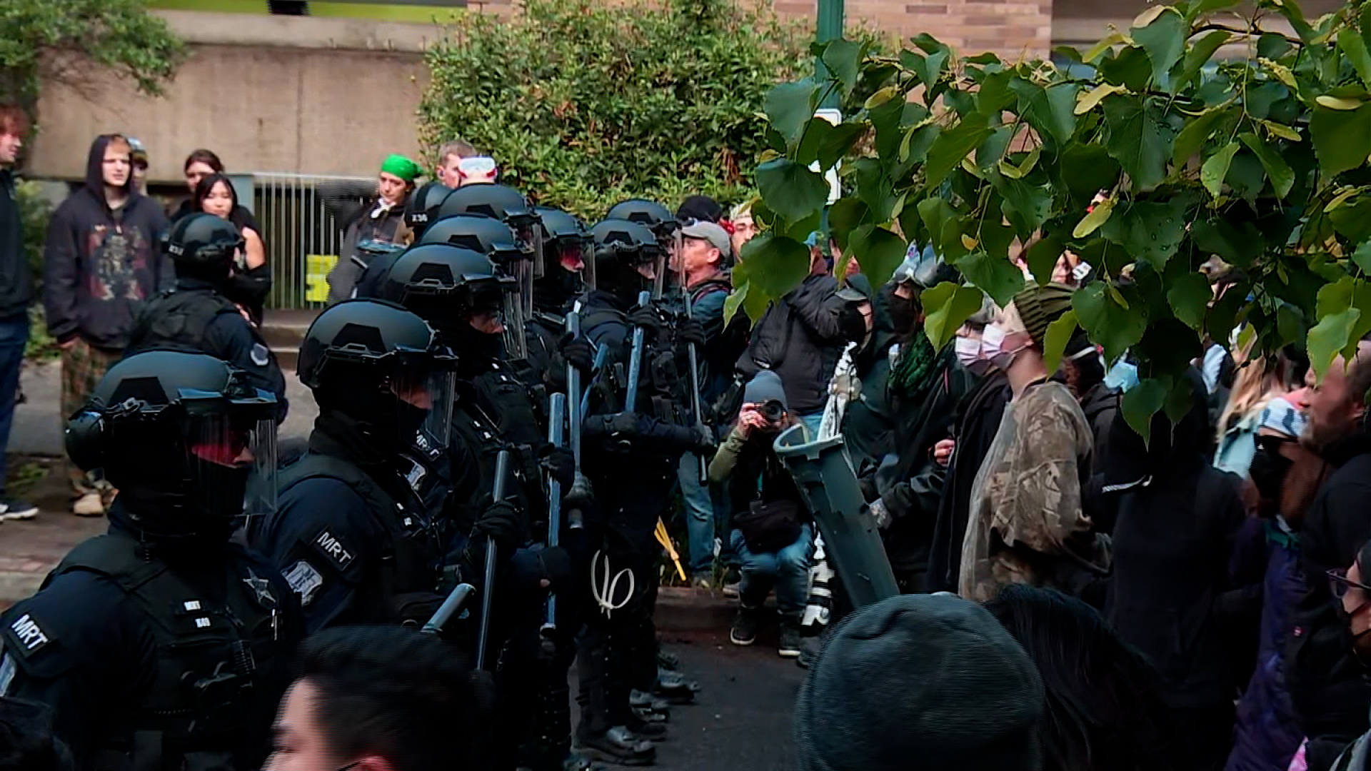 Portland police standoff with protesters at Portland State University on Thursday.