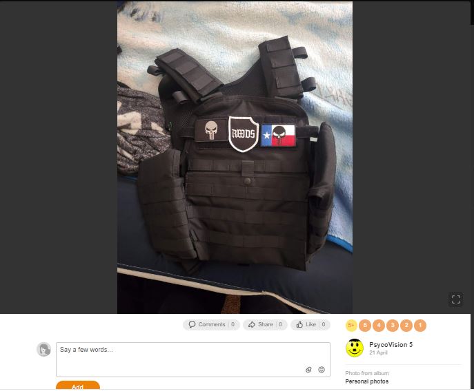 A body armor vest with an RWDS patch, an acronym for Right-Wing Death Squad.