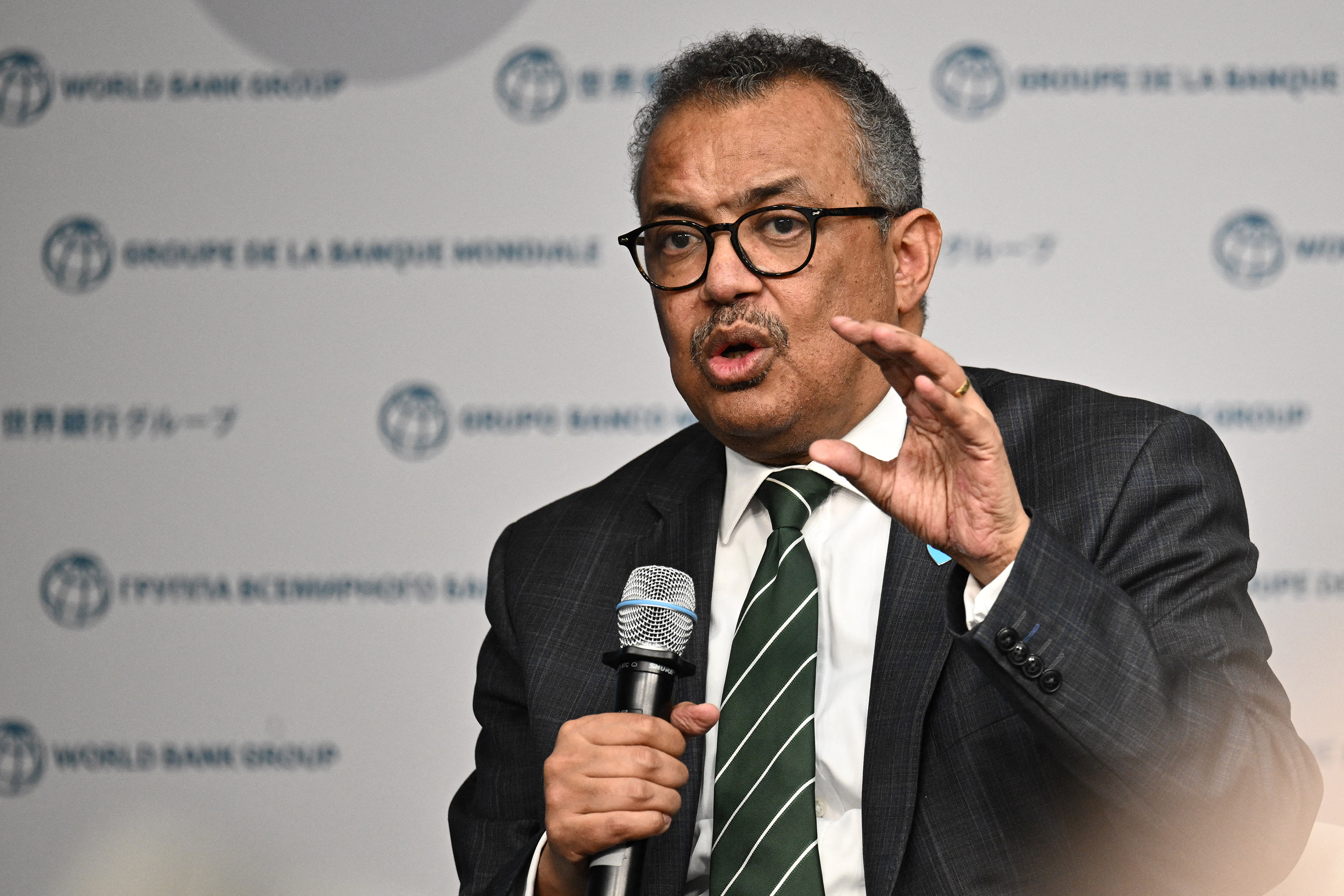 WHO Director-General Tedros Adhanom Ghebreyesus speaks at the World Bank headquarters in Washington, DC, in April.
