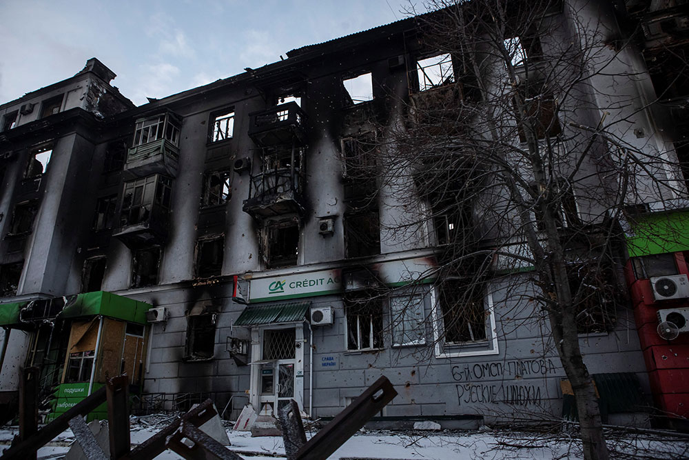 A damaged building is seen in the frontline town of Bakhmut, Ukraine, on Wednesday, February 15.