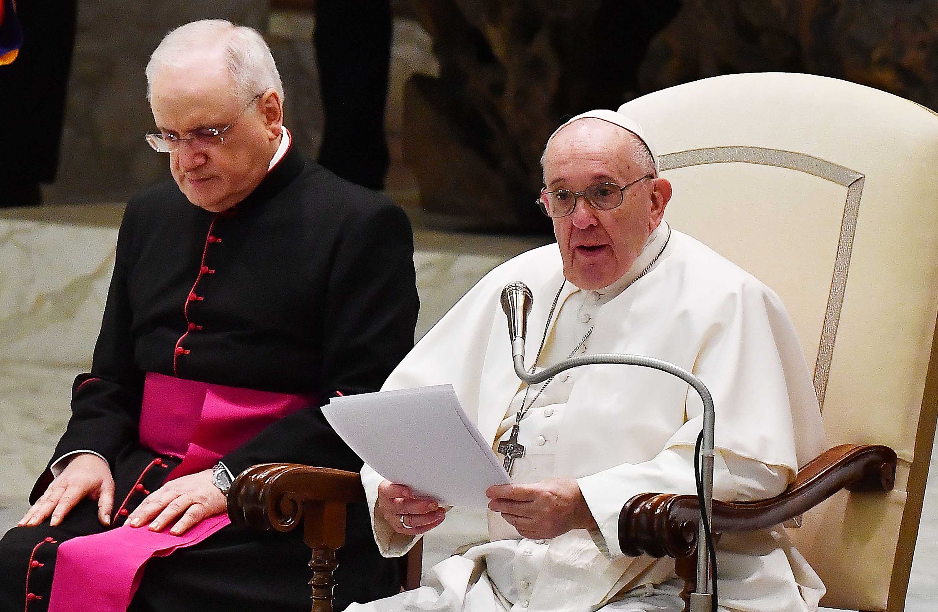 Pope Francis speaks during his weekly general audience in the Paul VI hall at the Vatican on October 28.