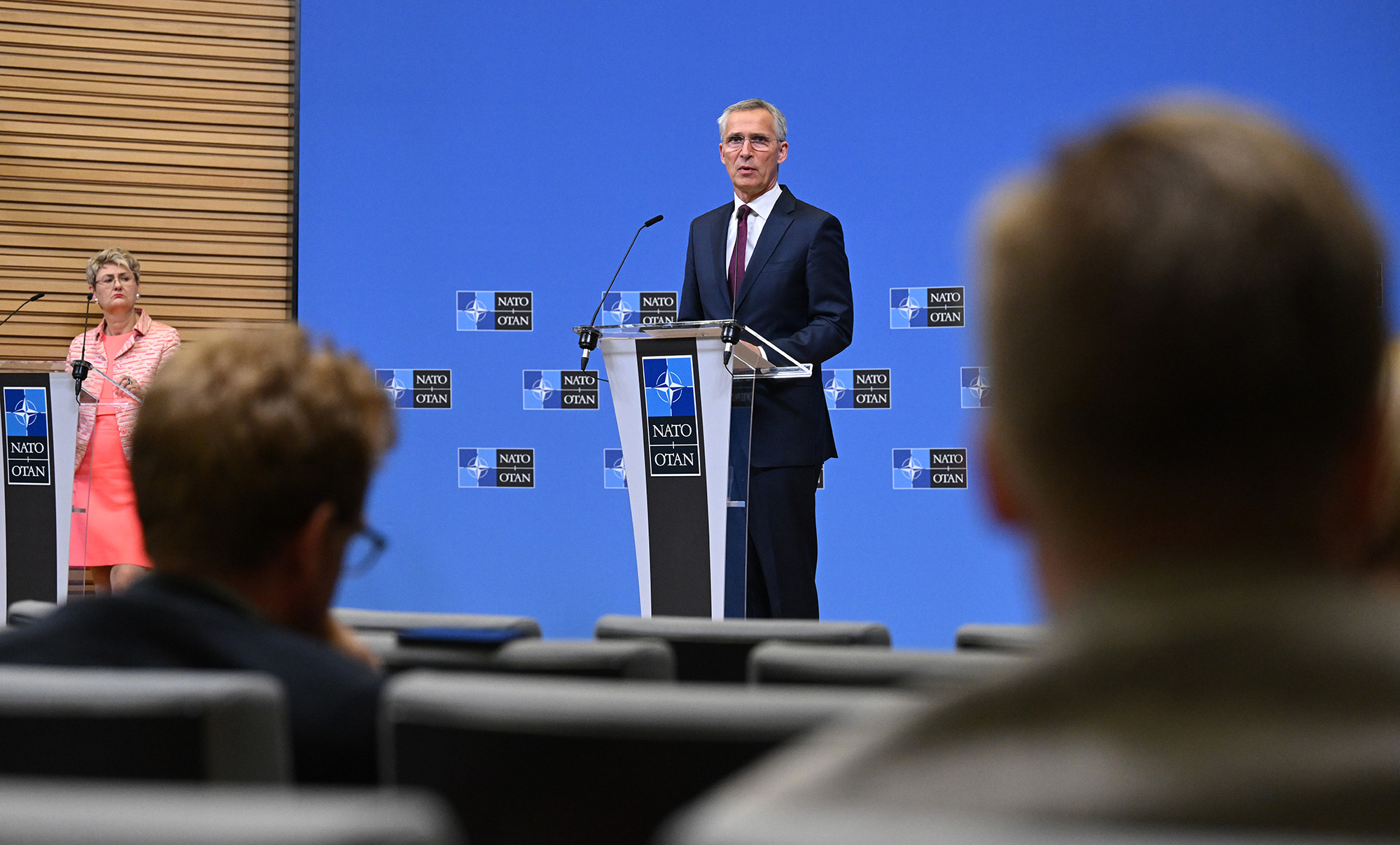 The NATO Secretary General Jens Stoltenberg attends a press conference held following a meeting attended by delegations from Turkiye, Finland, and Sweden, in Brussels, Belgium on July 6.