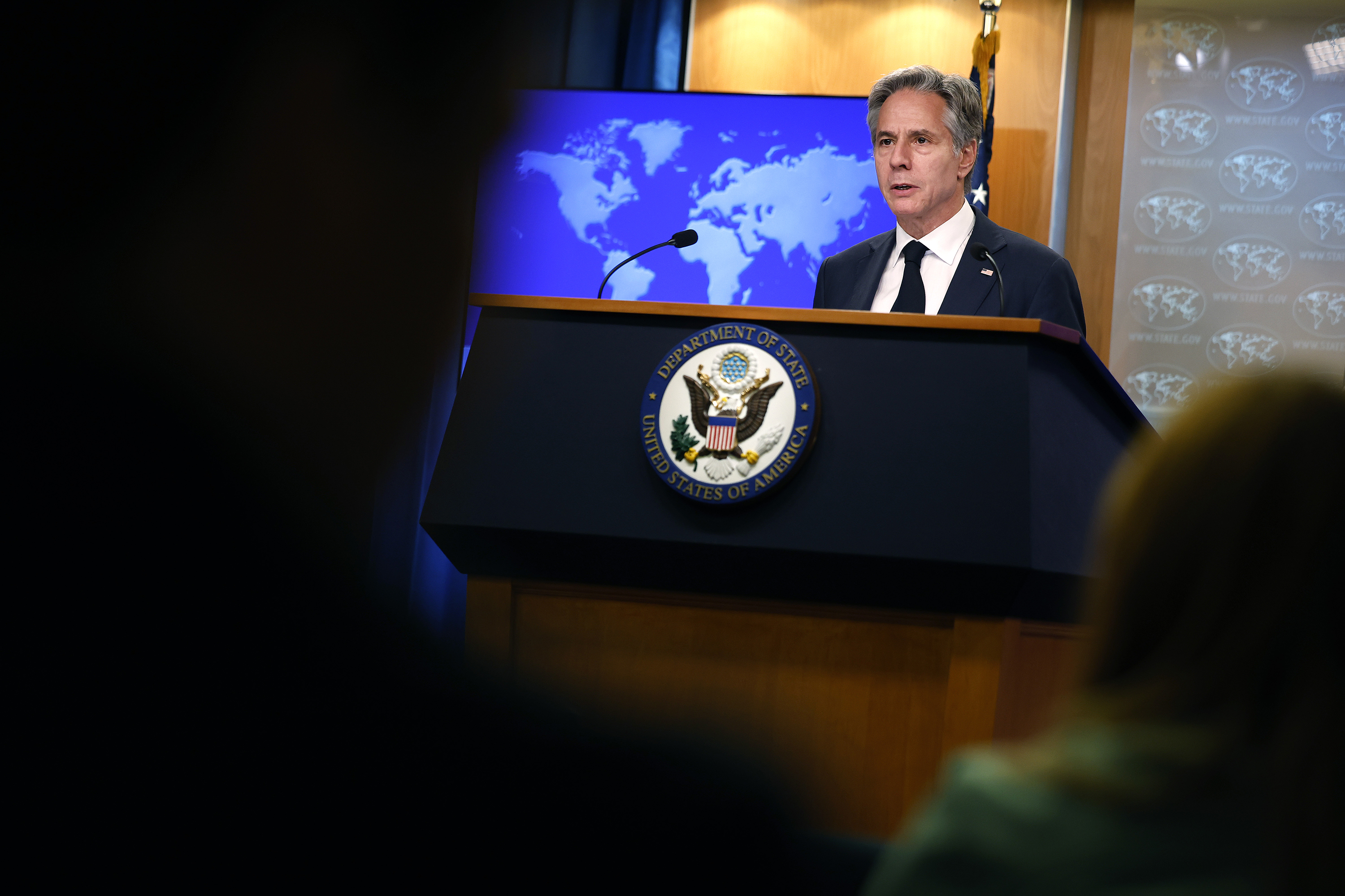 US Secretary of State Antony Blinken talks to reporters in the press briefing room at the State Department Harry S. Truman headquarters building on July 17, in Washington, DC. 