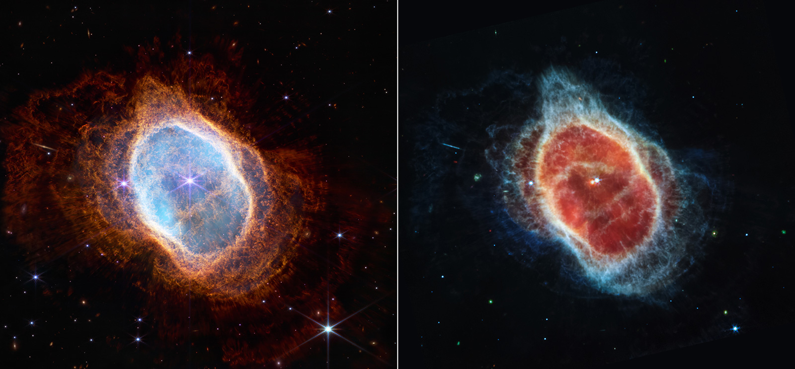 This side-by-side comparison shows observations of the Southern Ring Nebula in near-infrared light, at left, and mid-infrared light, at right, from NASA’s Webb Telescope.