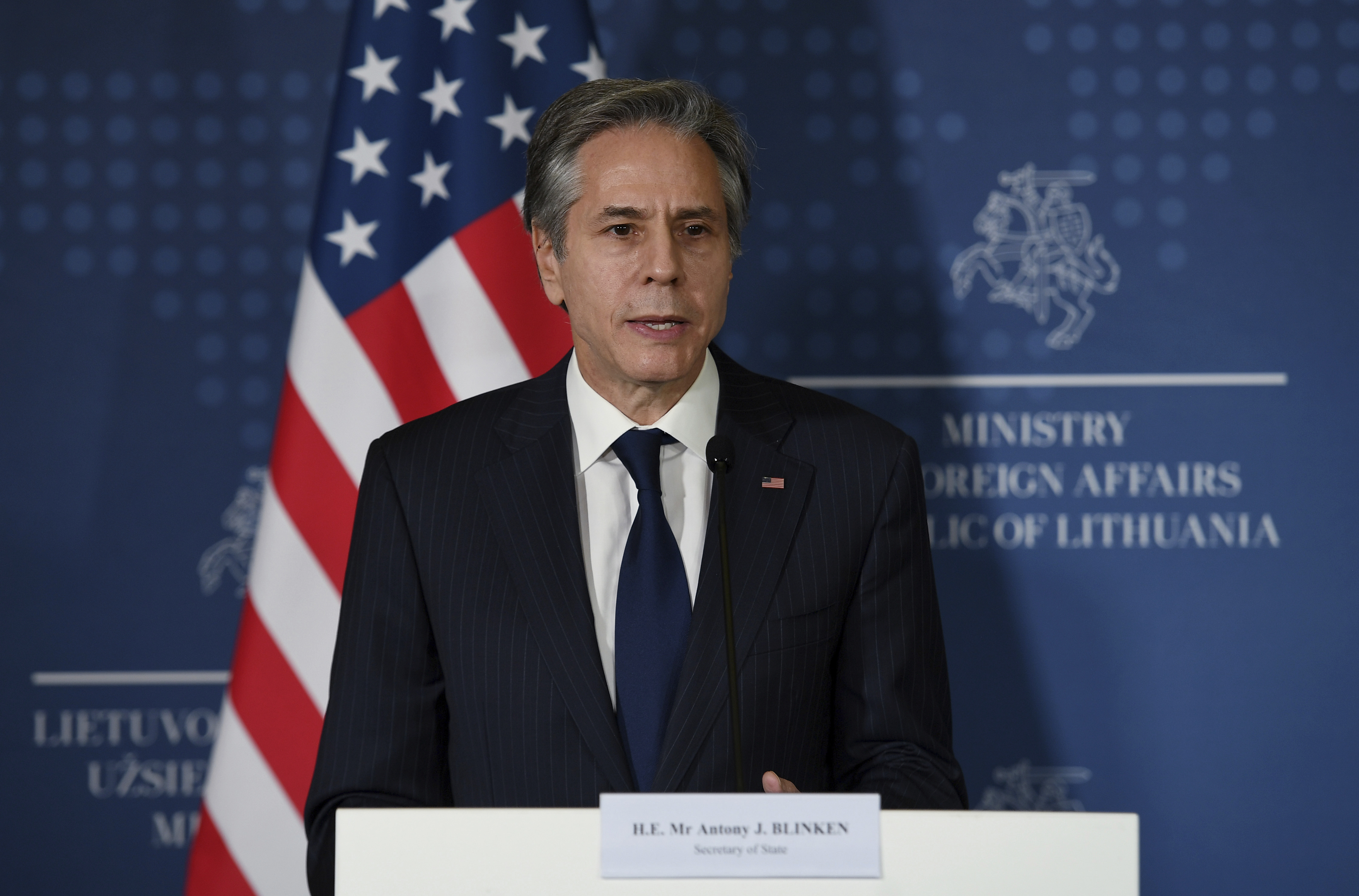 US Secretary of State Antony Blinken speaks during a joint news conference with Lithuanian Foreign Minister Gabrielus Landsbergis in Vilnius, Lithuania, on March 7.