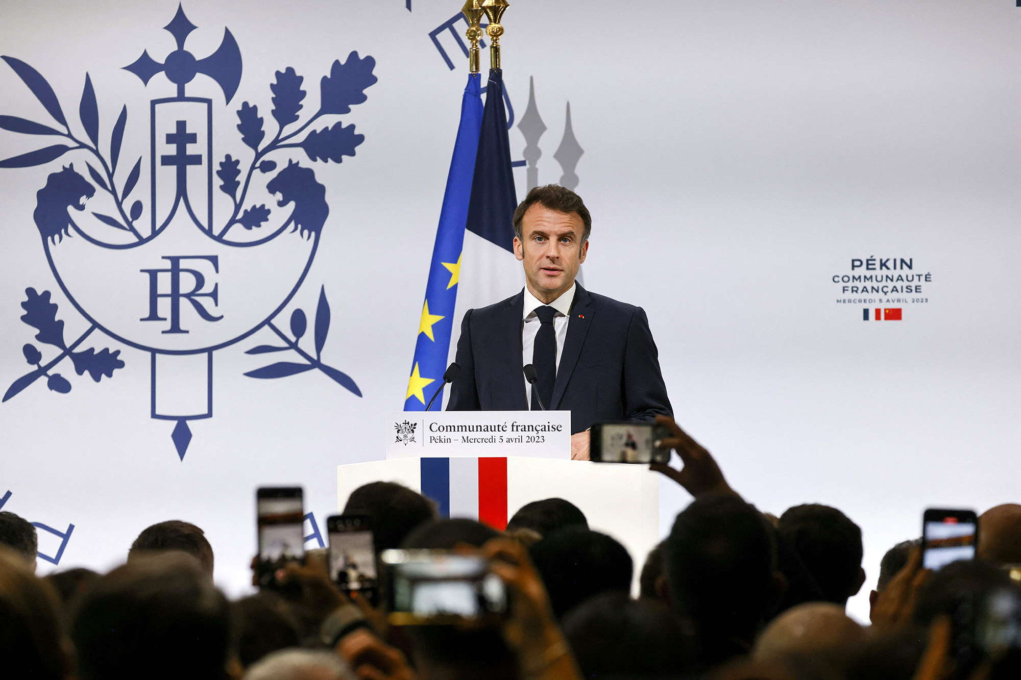 French President Emmanuel Macron speaks during a meeting with China's French community at the residence of France's ambassador in Beijing, China, on April 5.
