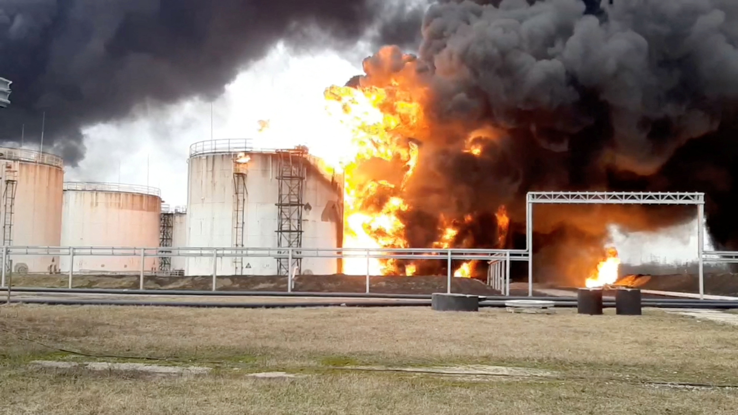 A still image taken from video footage shows a fuel depot on fire in the city of Belgorod, Russia, on April 1.