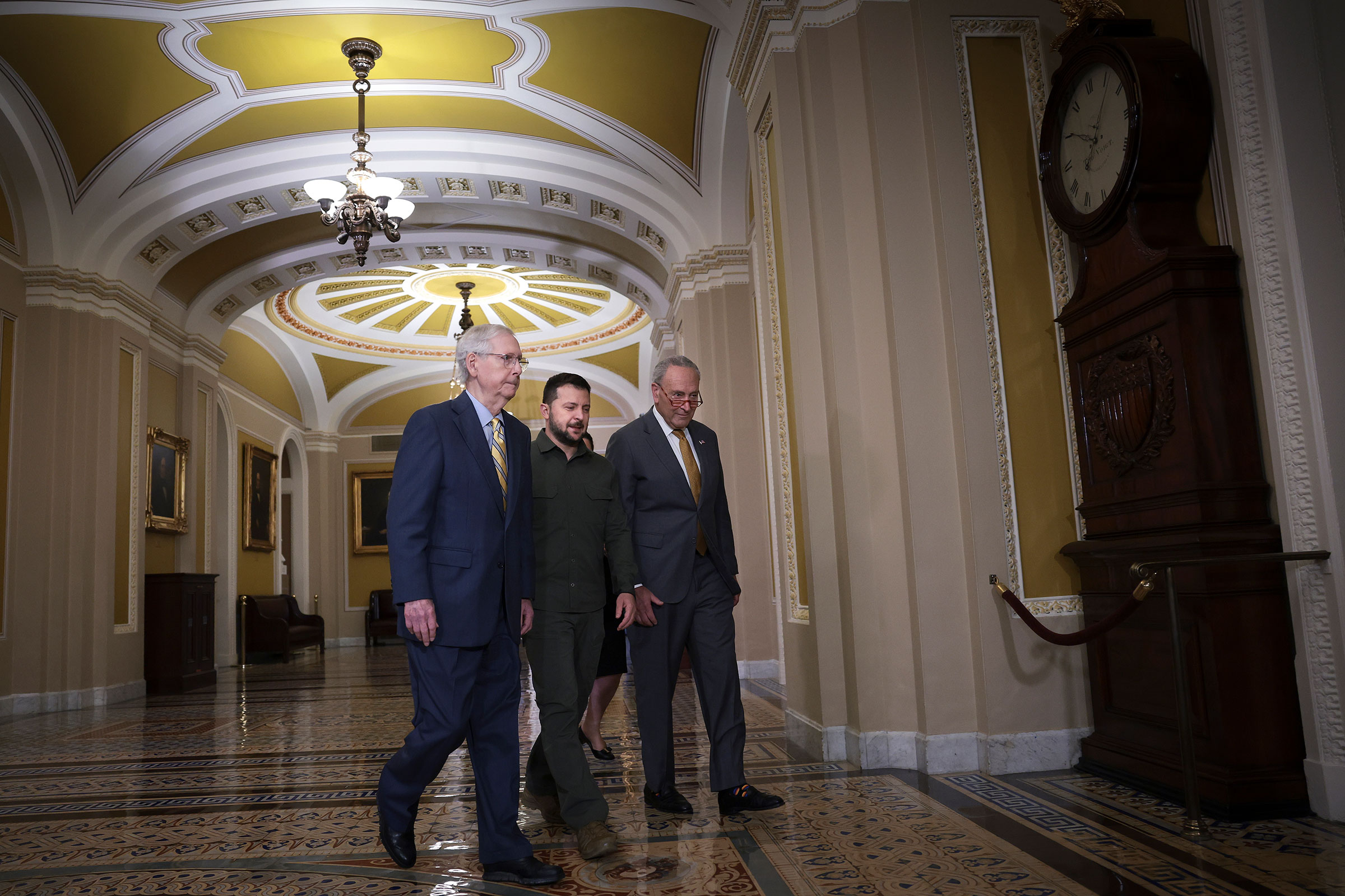 Senate Minority Leader Mitch McConnell and Senate Majority Leader Chuck Schumer walk with President of Ukraine Volodymyr Zelensky at the Capitol Building on September 21, 2023 in Washington, DC. 