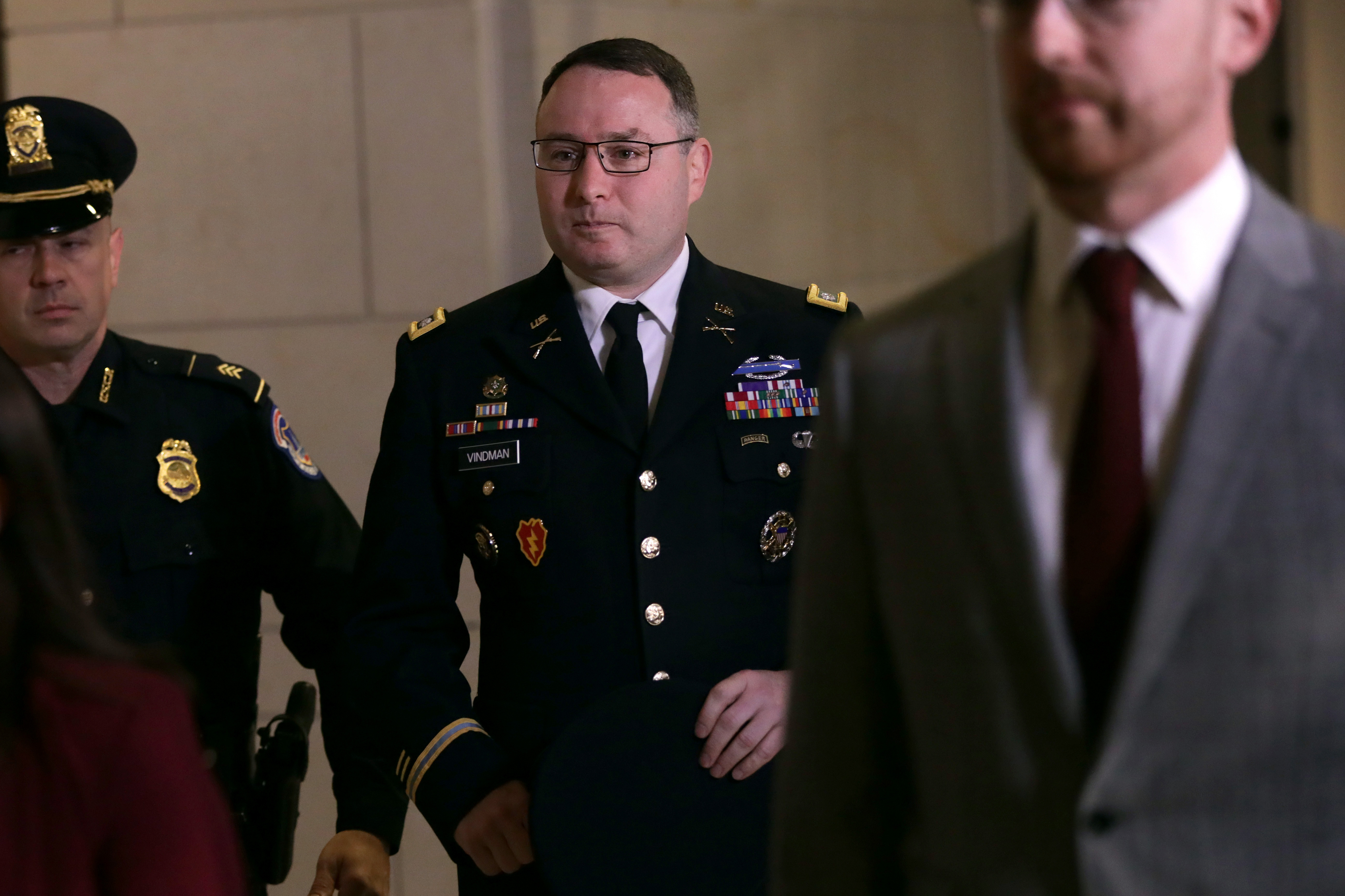 Army Lieutenant Colonel Alexander Vindman, Director for European Affairs at the National Security Council, arrives at a closed session before the House Intelligence, Foreign Affairs and Oversight committees on October 29, 2019.