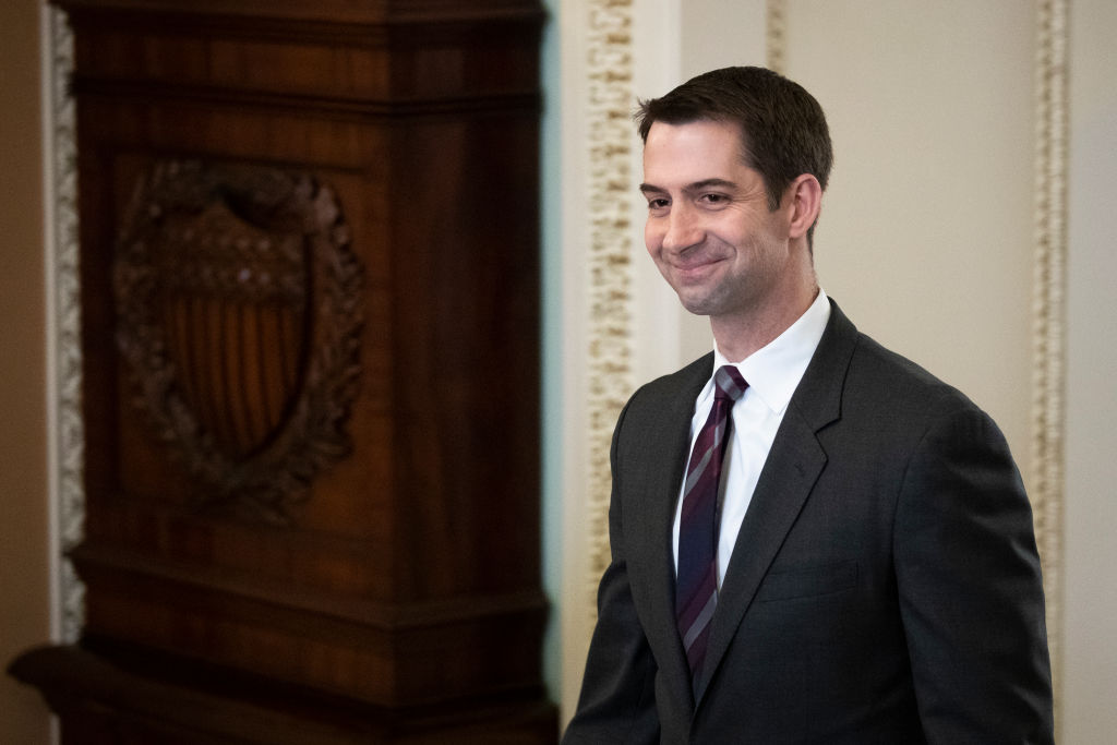 Sen. Tom Cotton walks to the Senate floor for the start of impeachment trial proceedings at the US Capitol on Tuesday, January 21, in Washington DC.