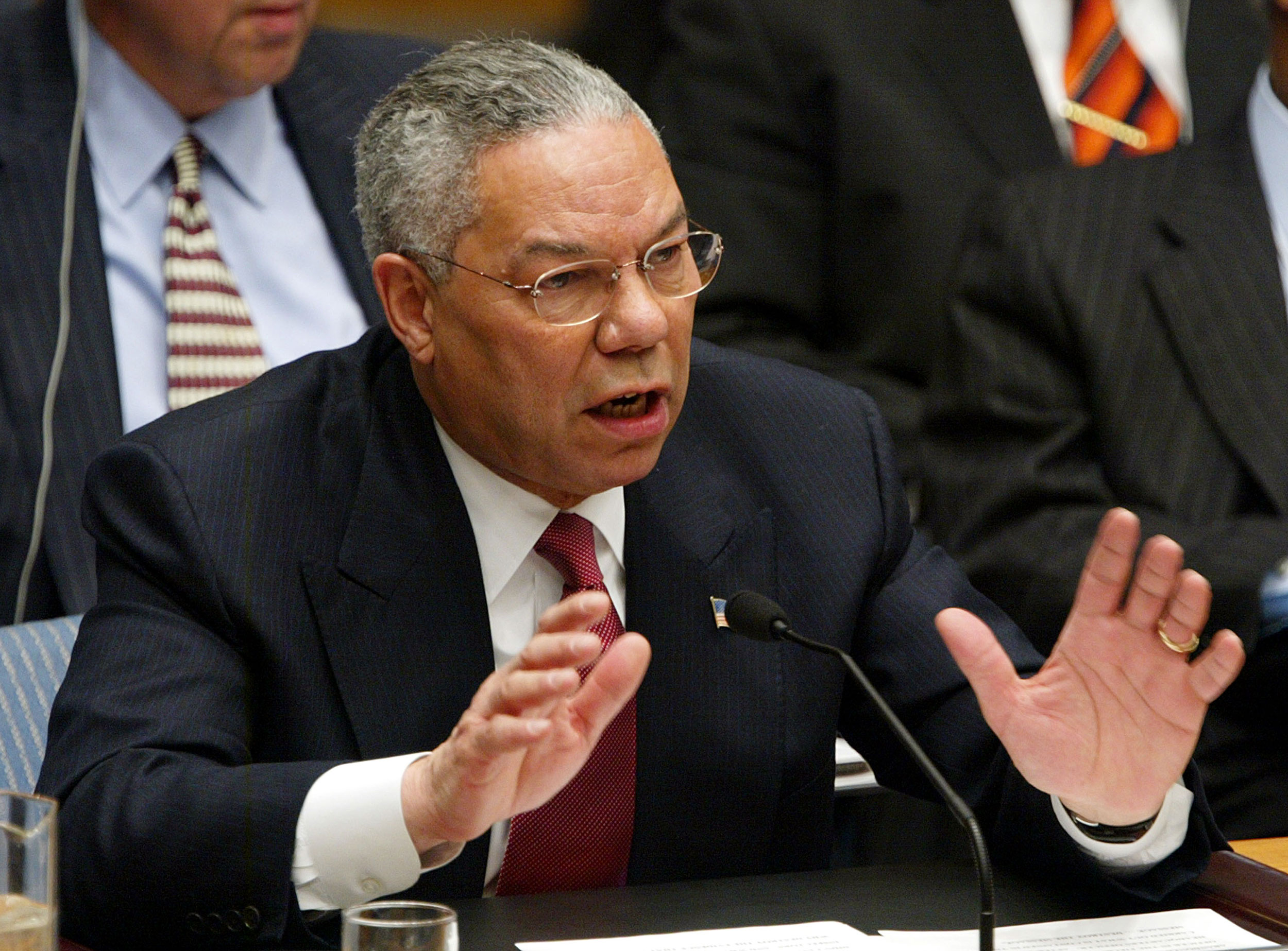 Colin Powell addresses the United Nations Security Council on February 5, 2003, to present the United States’ case against Iraq under UN Resolution 1441 regarding weapons of mass destruction.