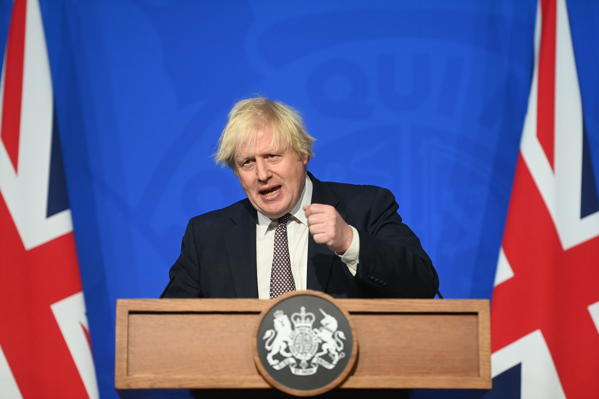 British Prime Minister Boris Johnson attends a news conference at the Downing Street Briefing Room on November 30, 2021 in London, England. 