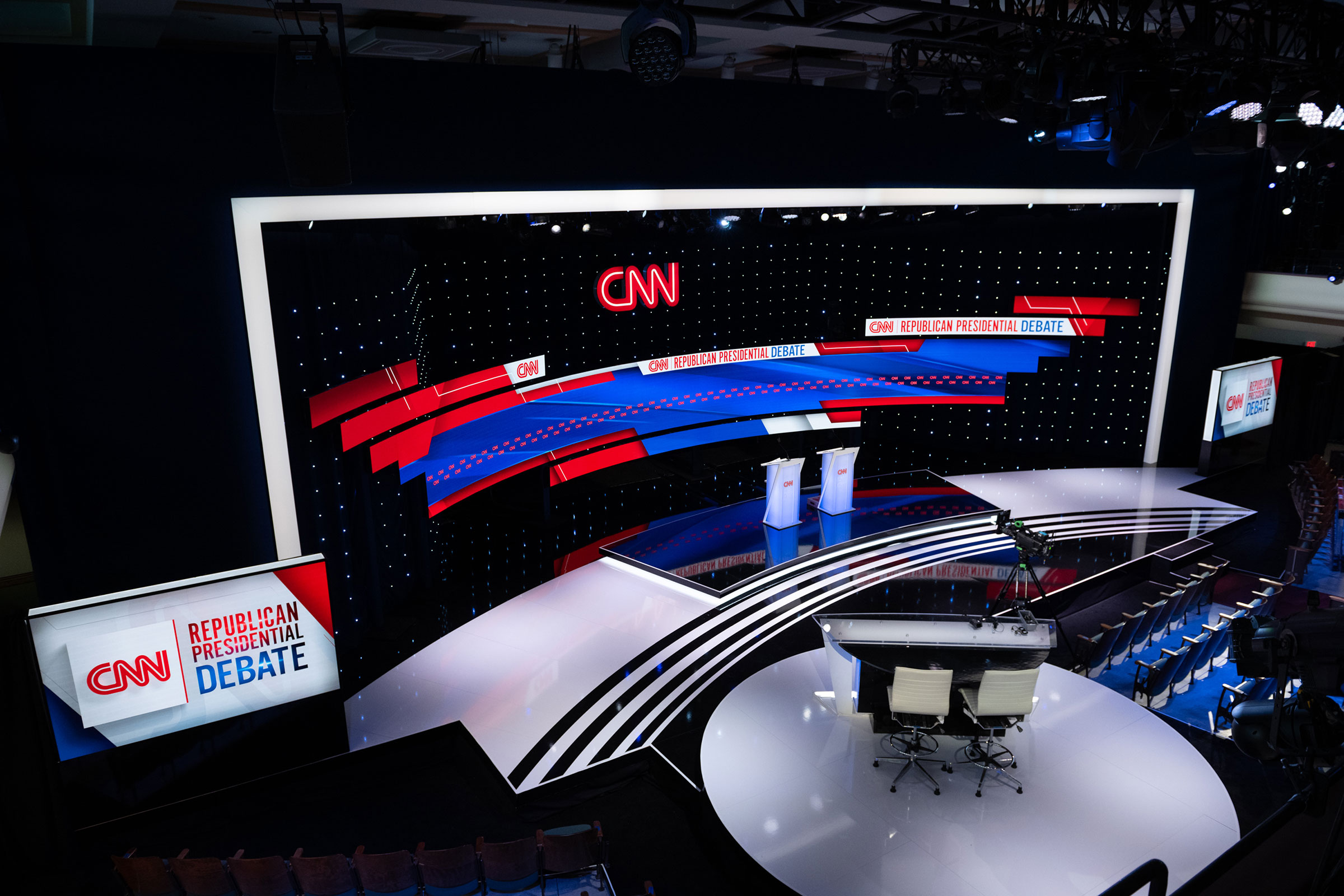 The stage is set ahead of CNN’s Republican Presidential Debate at Drake University in Des Moines, Iowa, on January 10, 2024. 