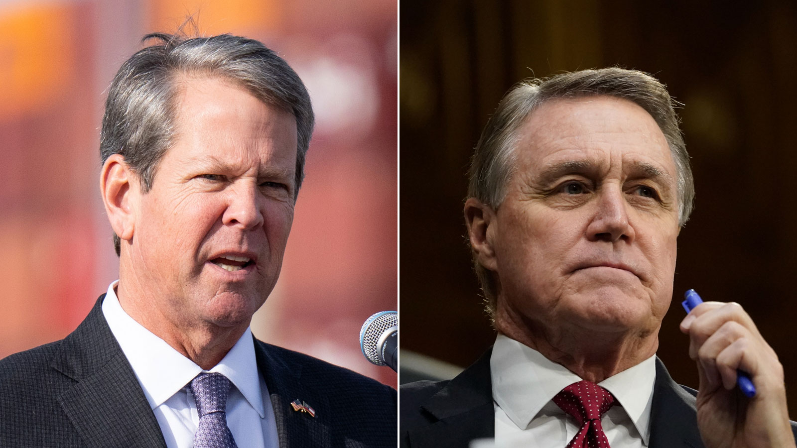 Gov. Brian Kemp, left, and former Sen. David Perdue, right.