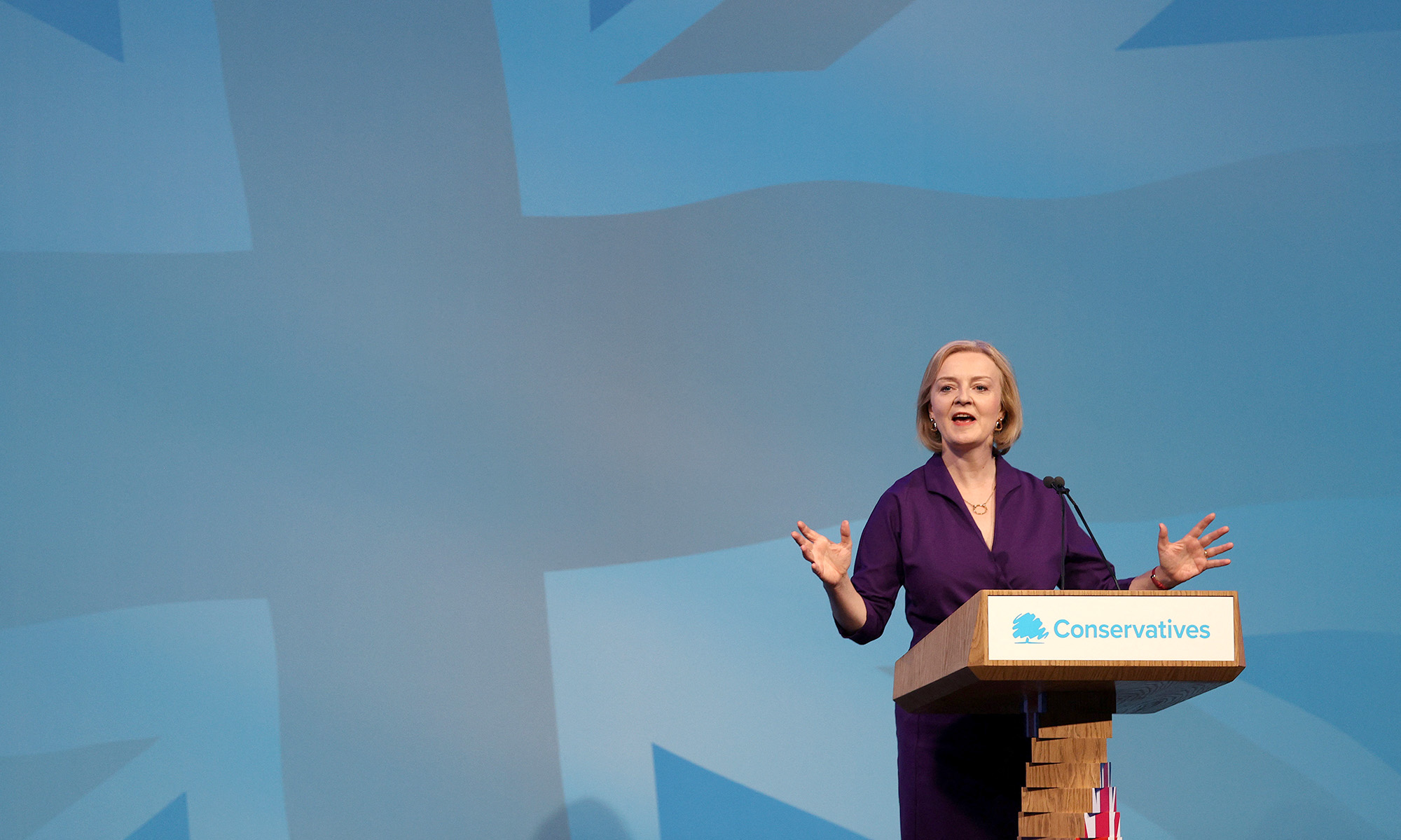 New Conservative Party leader and Britain's Prime Minister-elect Liz Truss delivers a speech at an event to announce the winner of the Conservative Party leadership contest in central London, England, on September 5.