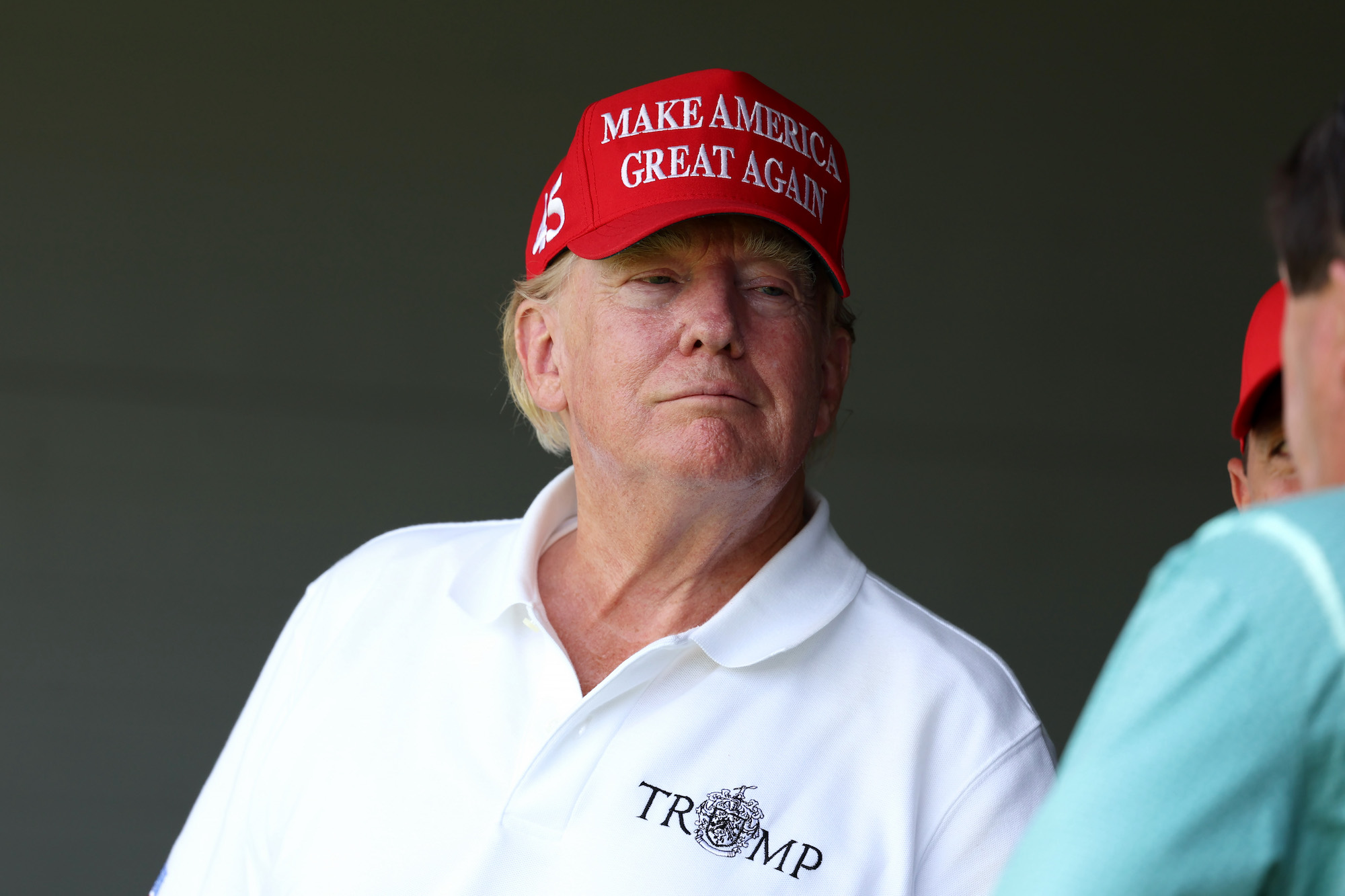 Former President Donald Trump watches the LIV Golf Invitational at Trump National Golf Club on May 26.