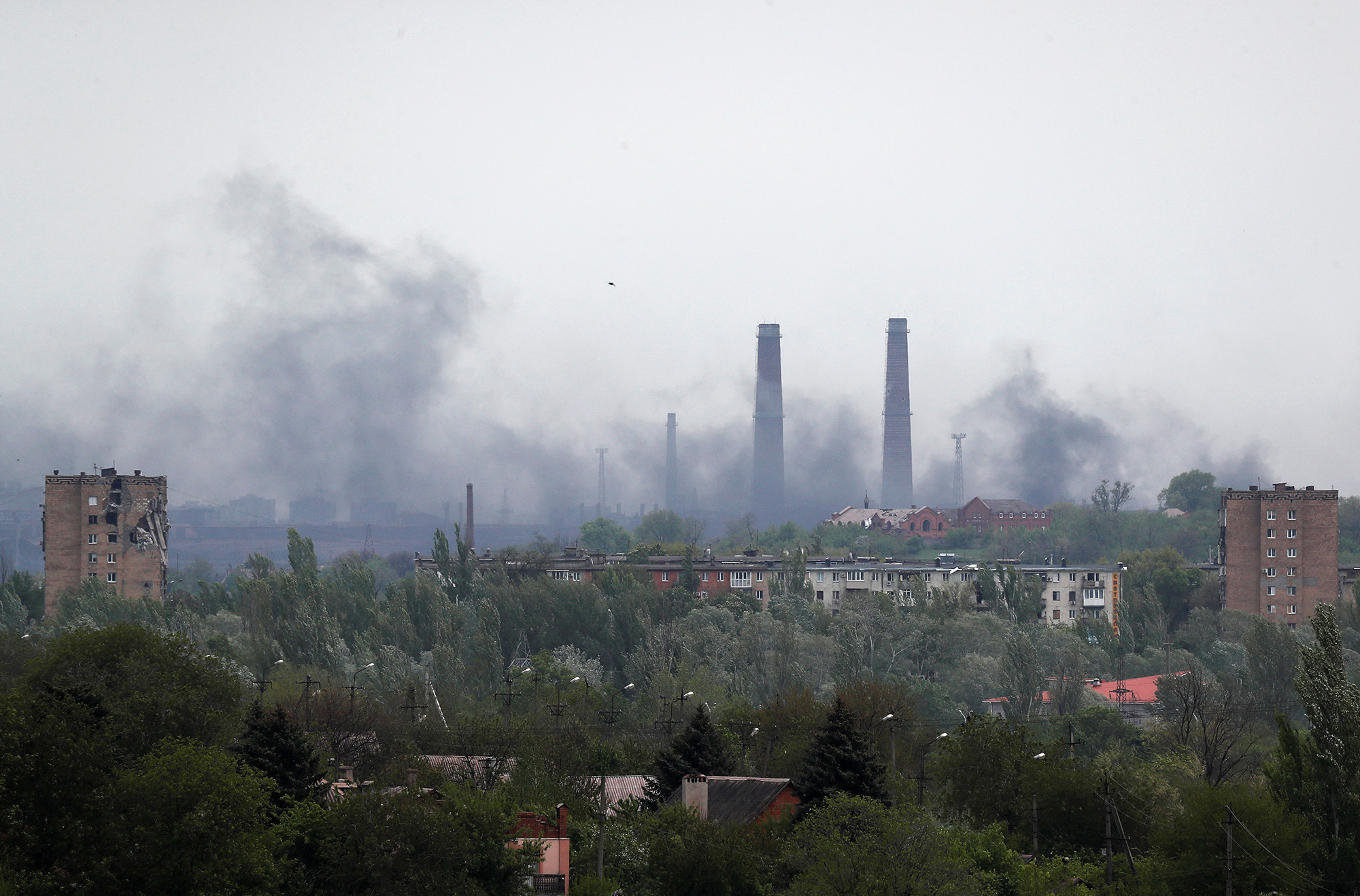 Smoke rises above the Azovstal steel plant in Mariupol, Ukraine, on May 13.