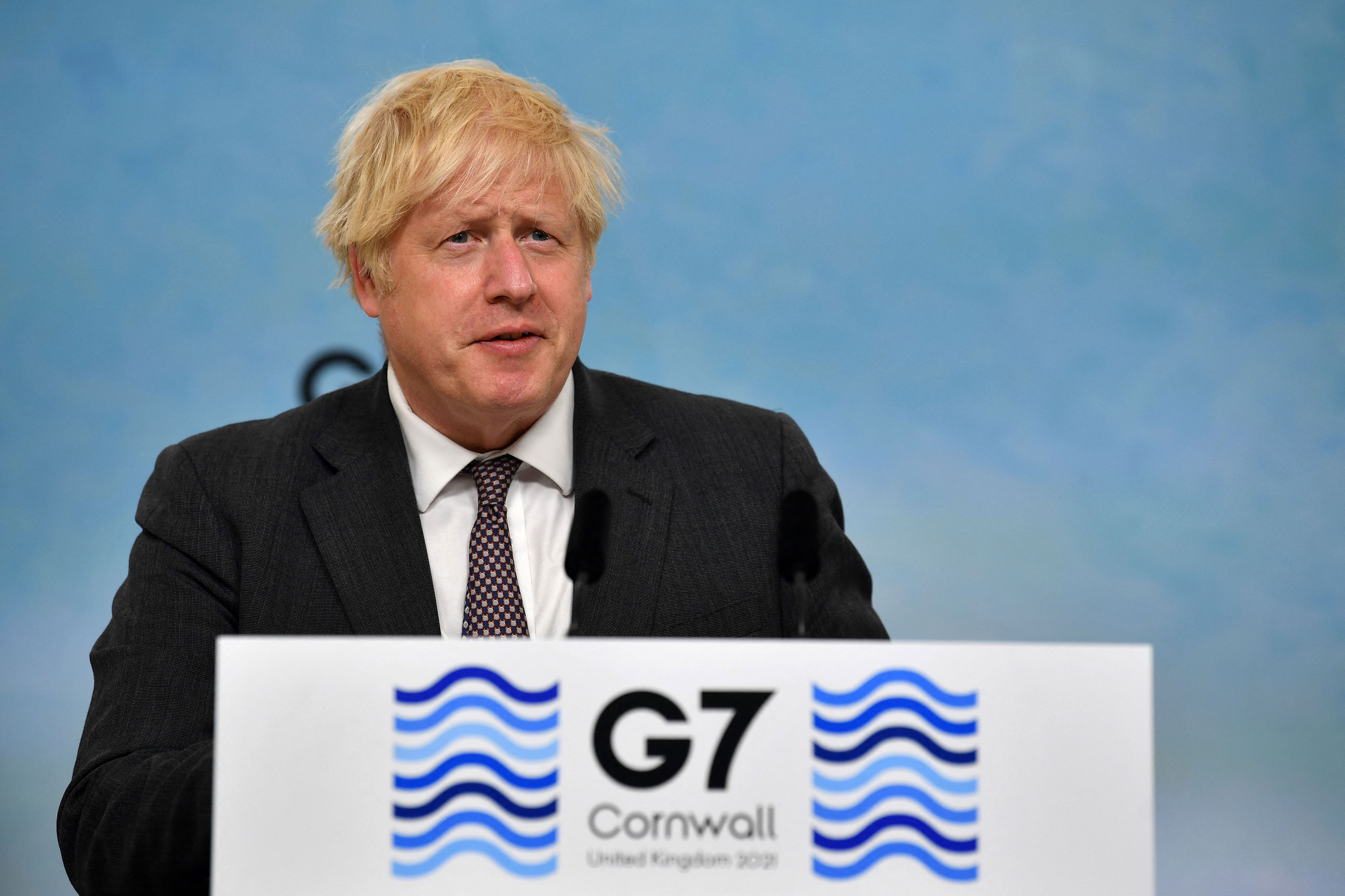 UK Prime Minister Boris Johnson speaks at a press conference at the G7 summit in Carbis Bay, England, on June 13.