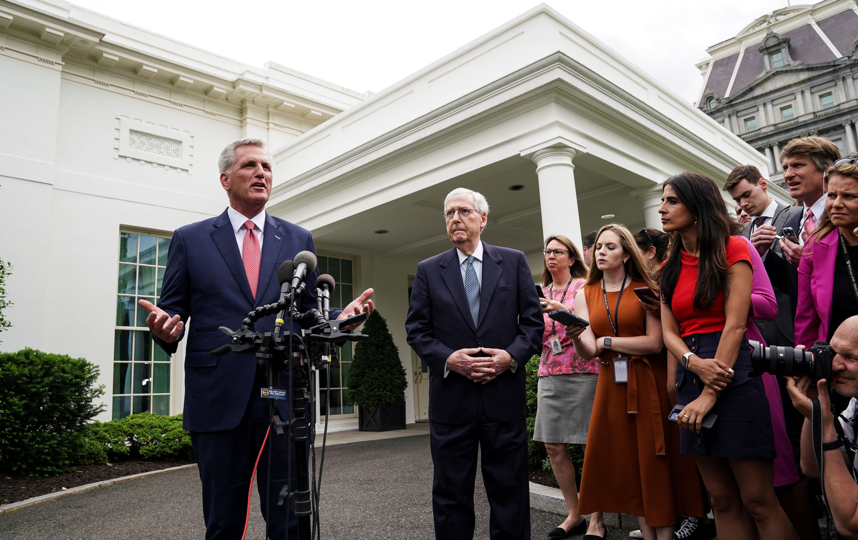 House Speaker Kevin McCarthy (R-CA) speaks to reporters with Senate Republican Leader Mitch McConnell (R-KY) outside the West Wing following debt limit talks with President Joe Biden and Congressional leaders at the White House in Washington, D.C. on May 16, 2023.