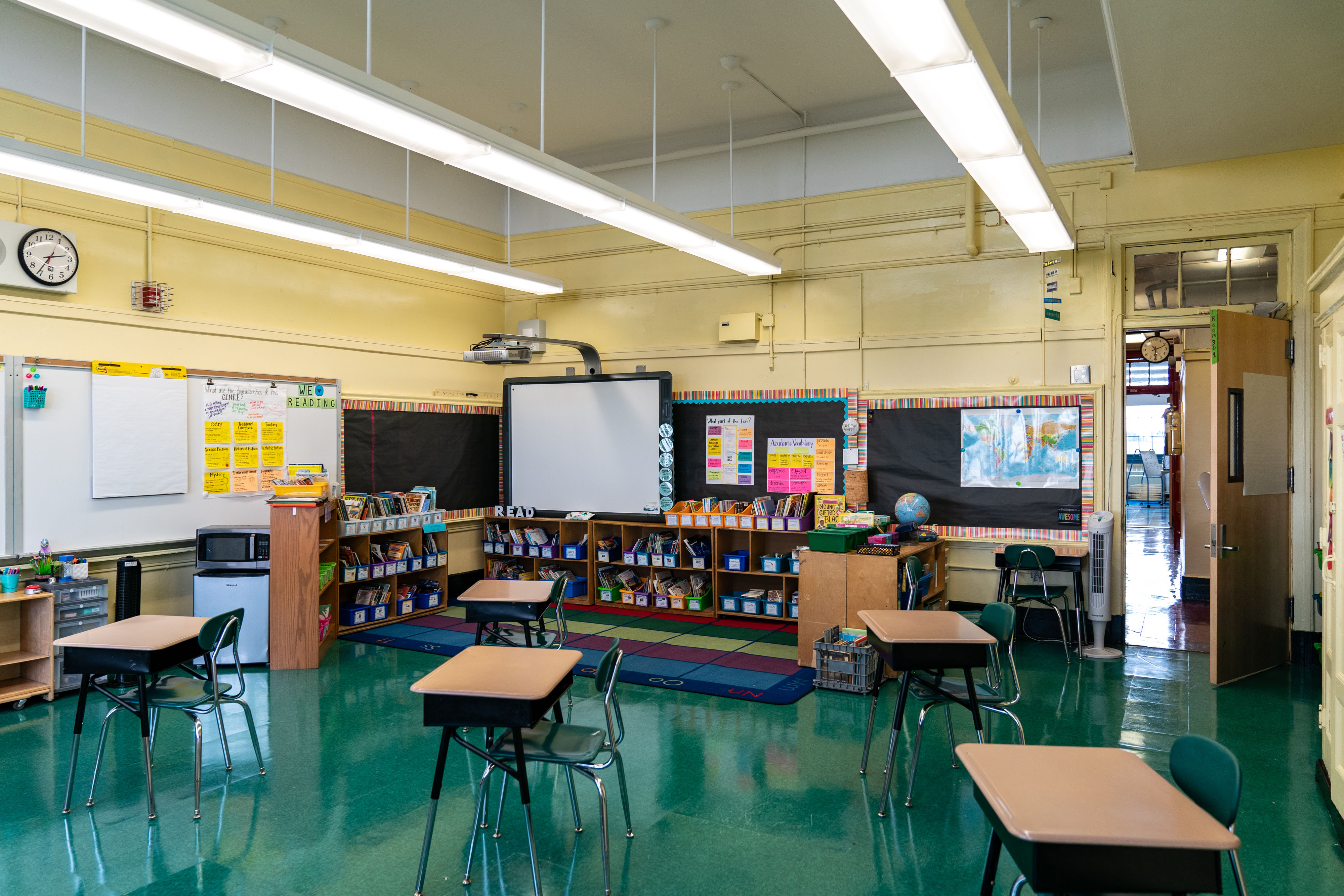 Desks are spaced apart at an elementary school in Brooklyn, New York, on August 19.