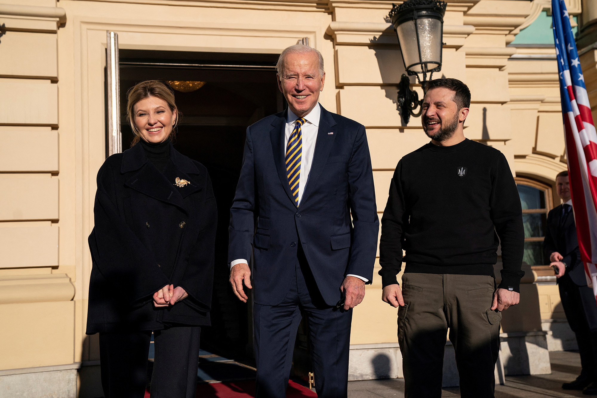 US President Joe Biden meets with Ukrainian President Volodymyr Zelensky and Olena Zelenska at Mariinsky Palace during an unannounced visit in Kyiv, Ukraine, on February 20.