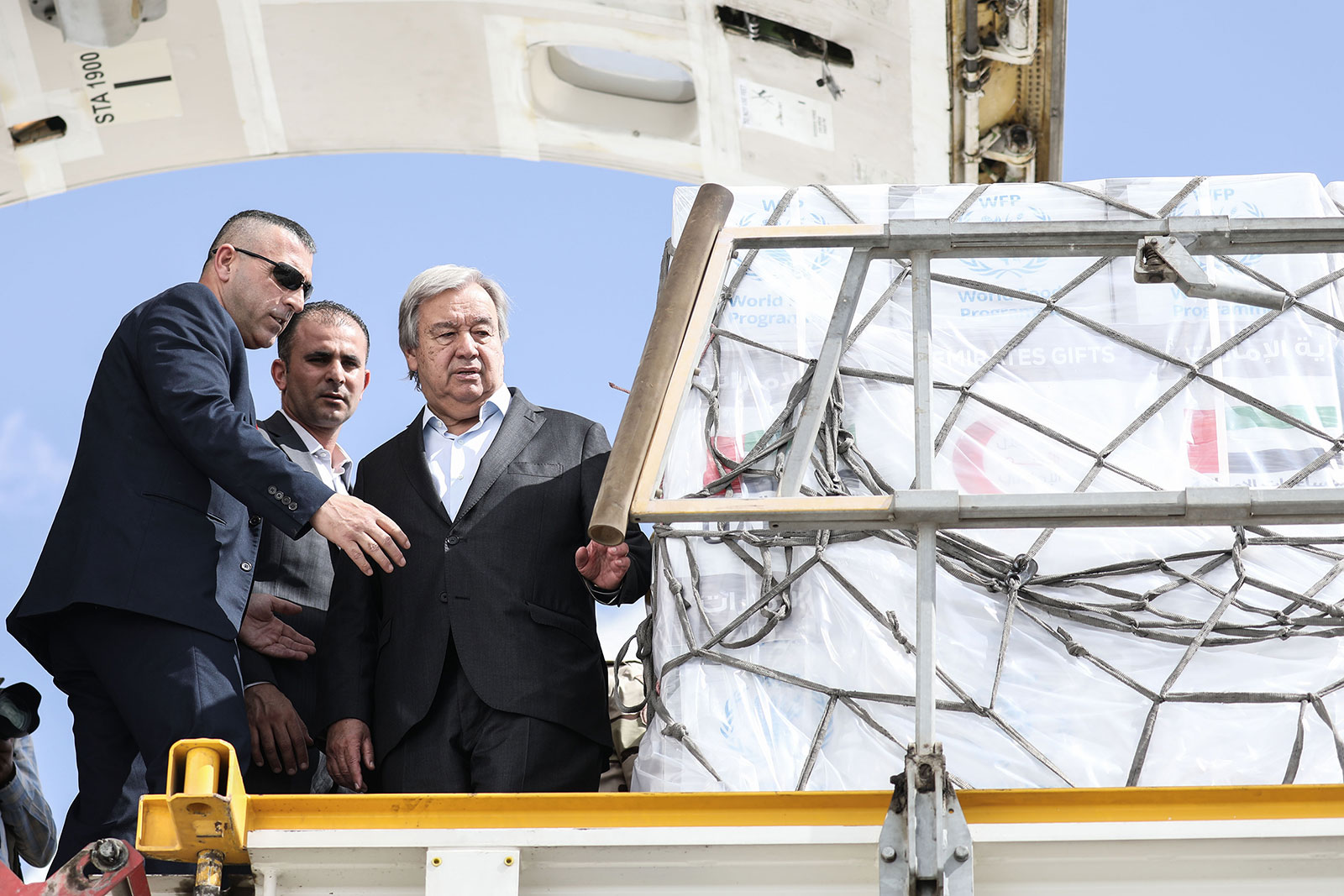 United Nations Secretary-General António Guterres inspects relief supplies at Egypt's El Arish International Airport before his visit to the Rafah border crossing on Friday.
