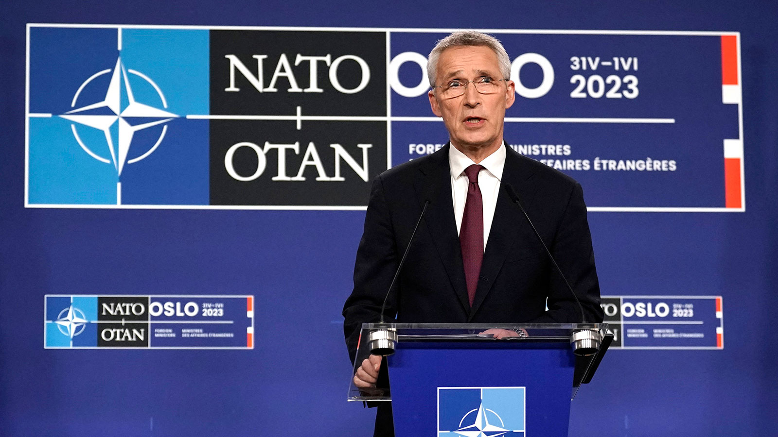 NATO Secretary General Jens Stoltenberg speaks during a press conference at the National Museum after an informal meeting of NATO Foreign Affairs Ministers in Oslo, Norway on Thursday, June 1.