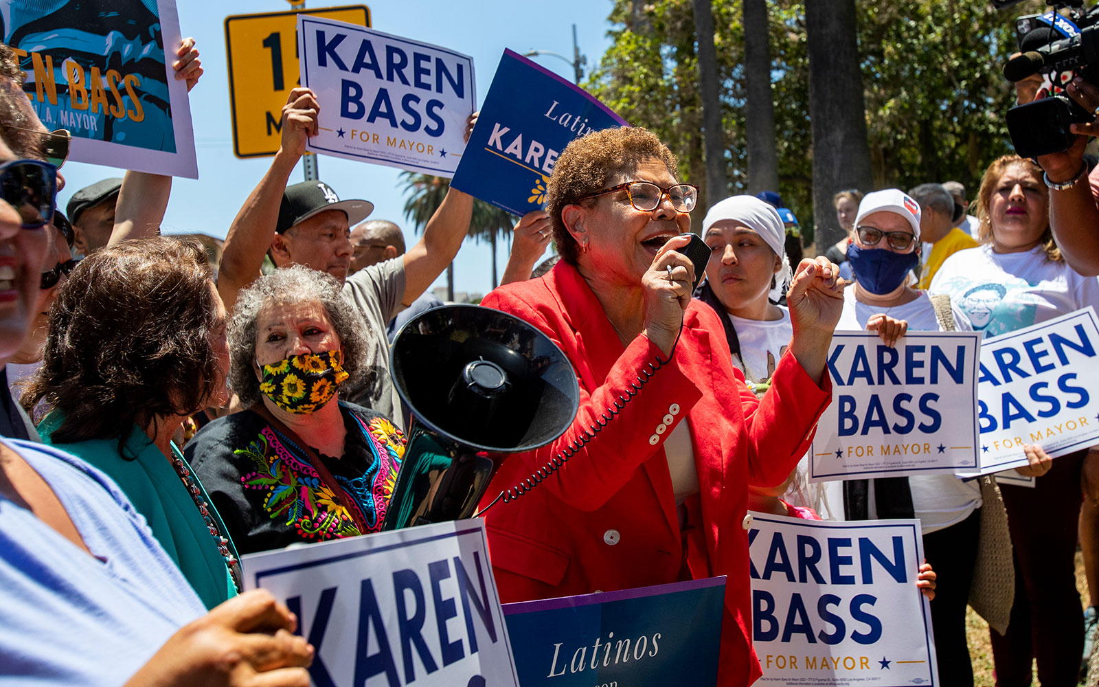 Mayoral candidate Rep. Karen Bass greets supporters in Boyle Heights while touring the city on June 5 in Los Angeles. 