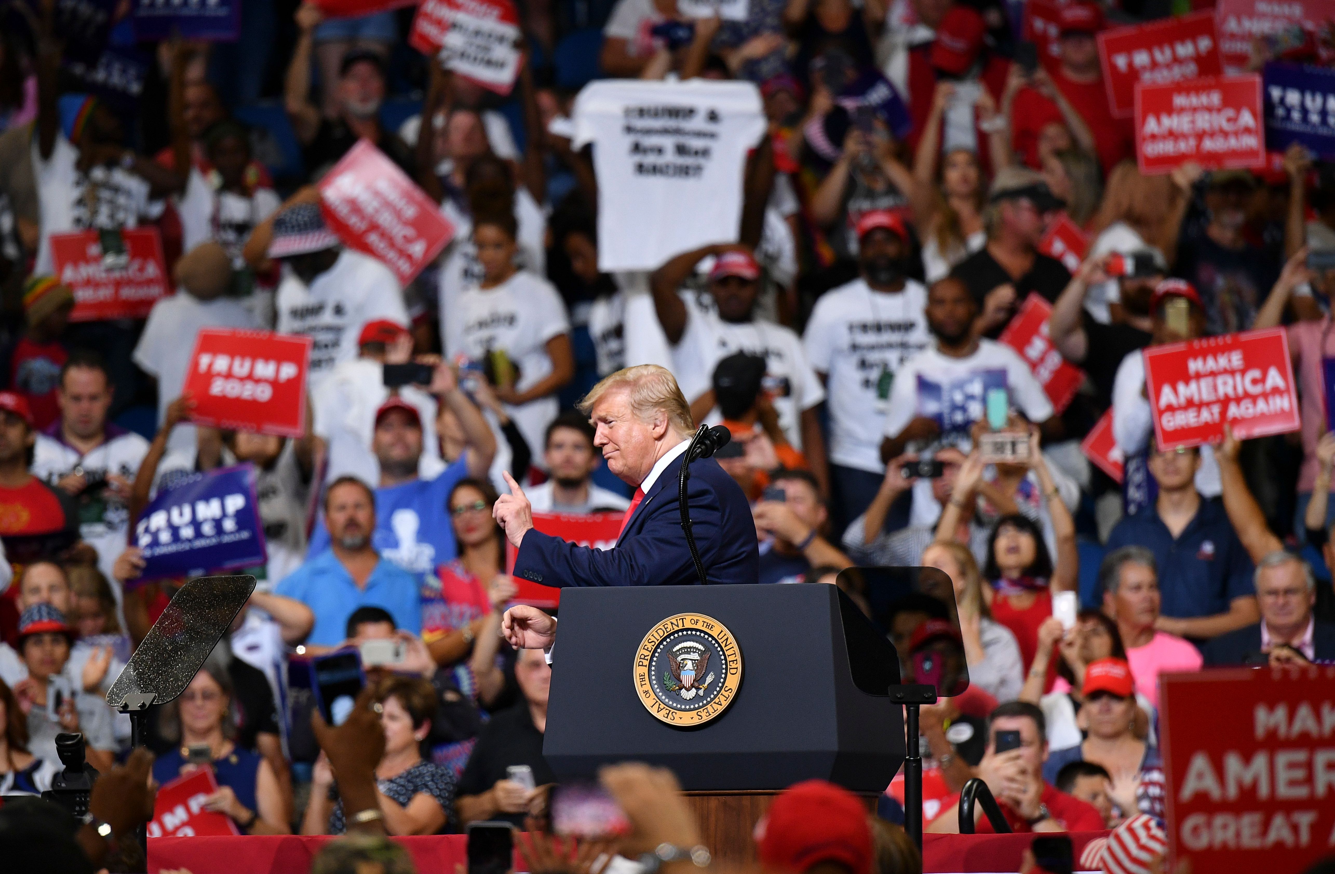 President Trump gestures after a rally at the Amway Center in Orlando, Florida, to officially launch his 2020 campaign on June 18, 2019.